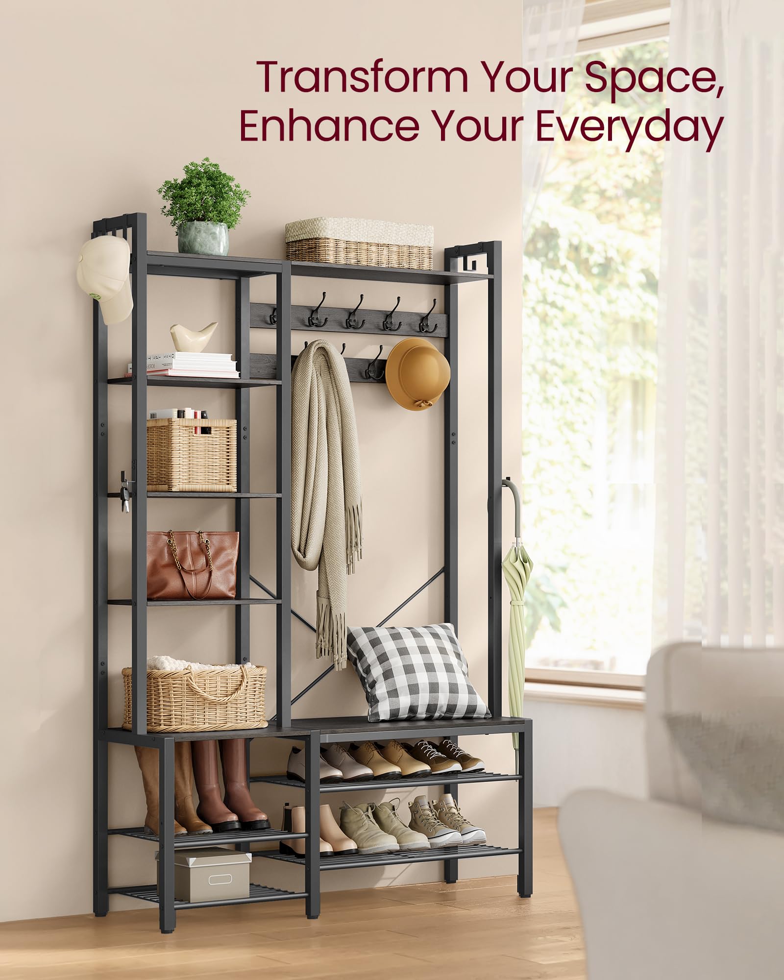 VASAGLE Entryway Hall Tree with Bench - 5-Tier Shoe Storage, 9 Coat Hooks & 6 Side Hooks - 74.8