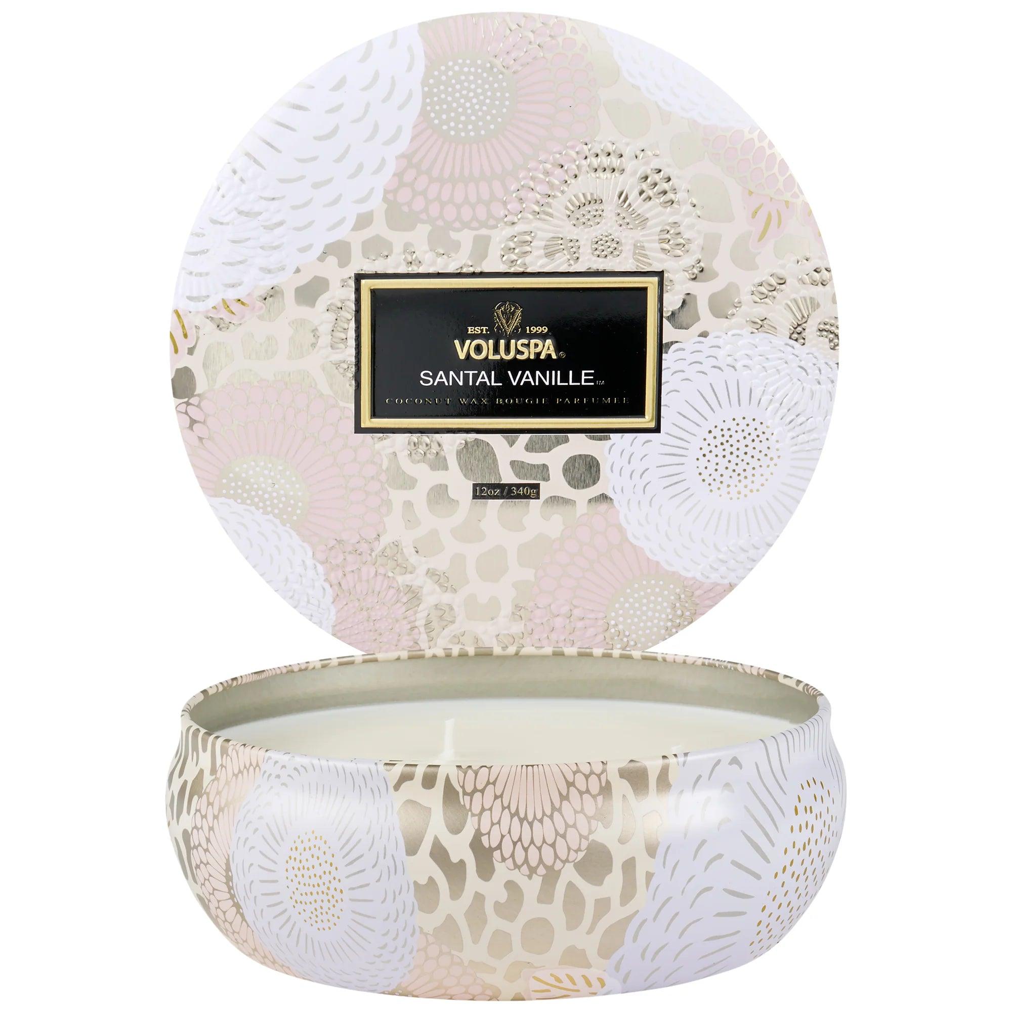 Santal Vanille 3-Wick Tin Candle - Long Lasting Scented Soy Wax Candle for Home, Bathroom & Relaxation