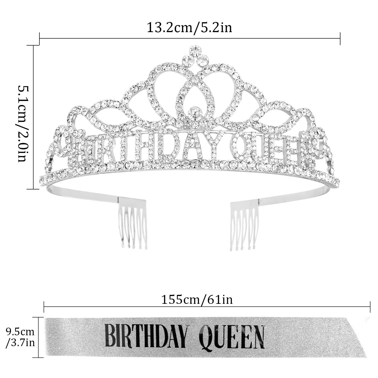 Silver Birthday Crown & Tiara Set for Women - Elegant Queen Sash & Crown for Birthday Parties, Bridal Showers, Bachelorette Events & Special Celebrations