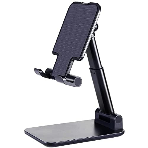 Adjustable Aluminum Phone Stand for Desk - Universal Phone Holder Compatible with iPhone, iPad, Kindle & Tablets - Perfect for Office, Home & Video Calls (Black)