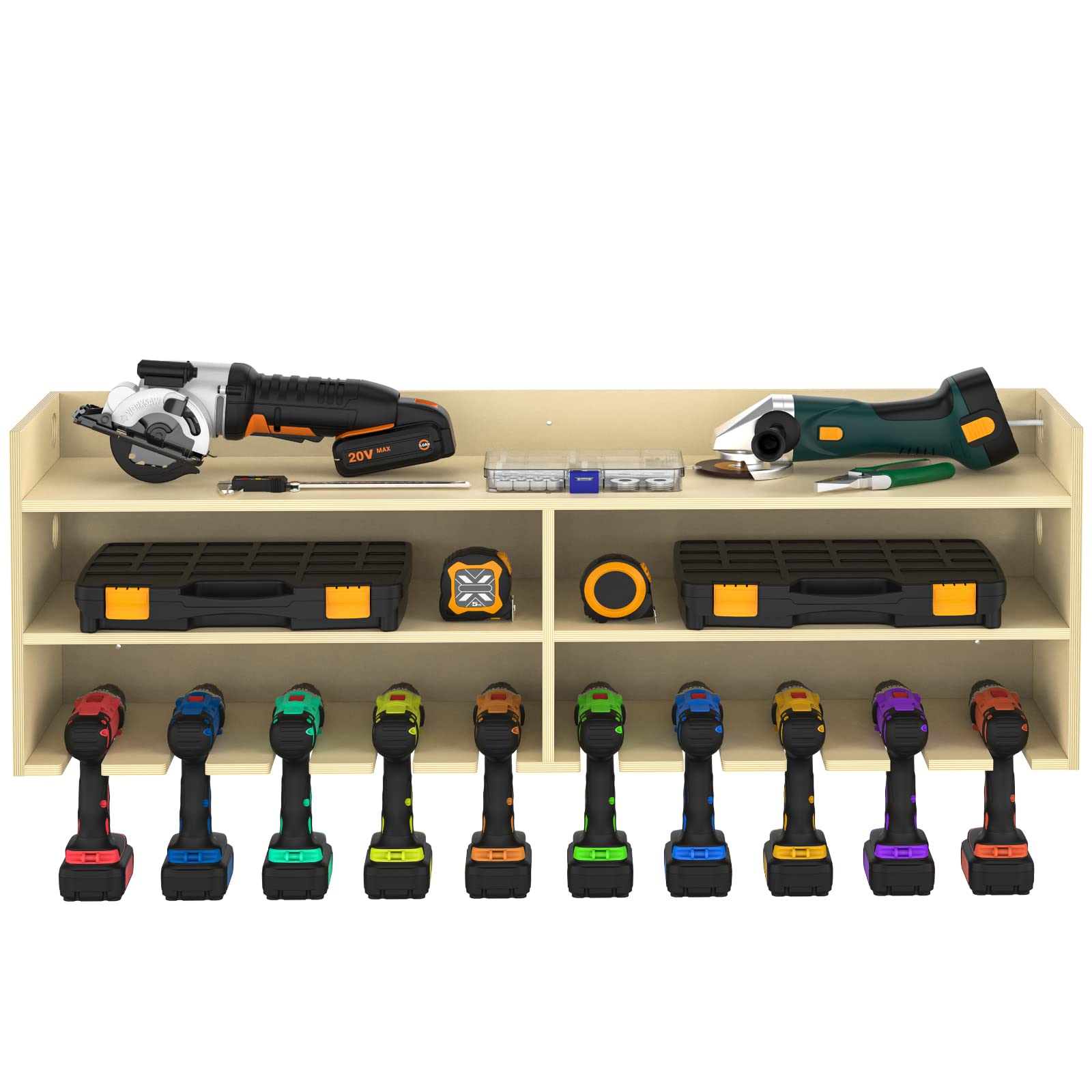 Kyoffiie 10-Slot Power Tool Organizer Wall Mount - Drill Charging Station & Cordless Tool Storage Holder for Garage, Workshop, Warehouse - Perfect for Organizing Drills, Batteries & Accessories on Plywood Walls