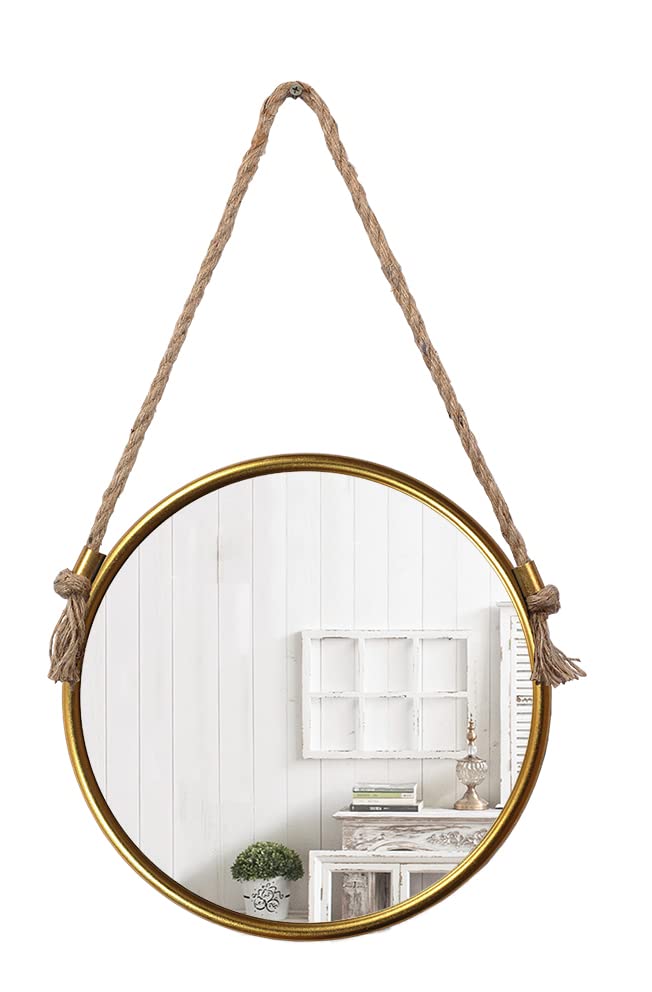 18 Inch Gold Round Wall Mirror with Hanging Rope - Decorative Circle Metal Frame Mirror for Living Room, Bedroom & Entryway Décor - Perfect for Vanity, Hallway & Home Staging (0970RZ)