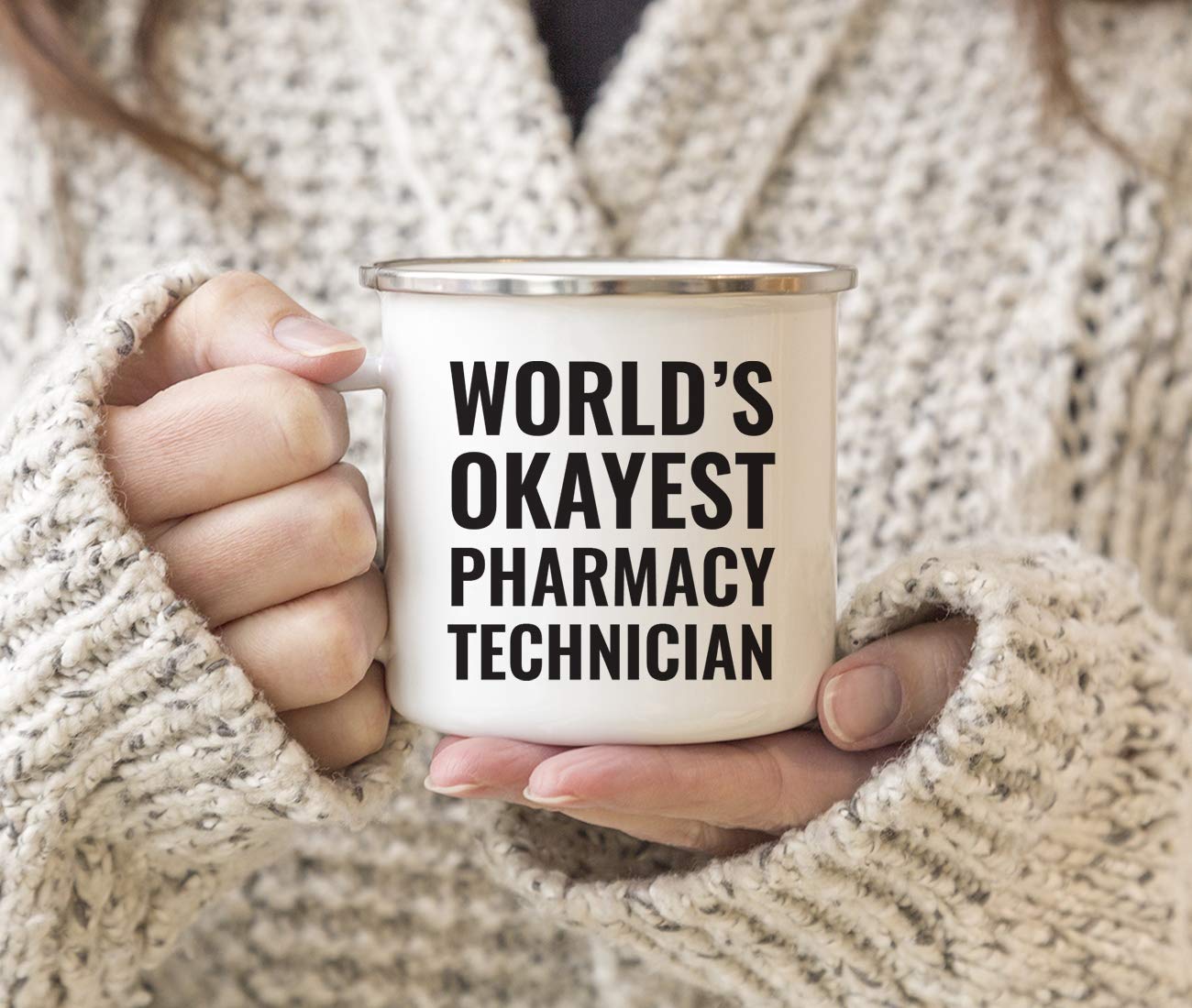 11oz Stainless Steel Campfire Coffee Mug - World's Okayest Pharmacy Technician Gag Gift - Enamel Metal Camping Cup for Outdoor Adventures - Includes Gift Box - Perfect for Christmas, Birthday & White Elephant Gifts (1-Pack)