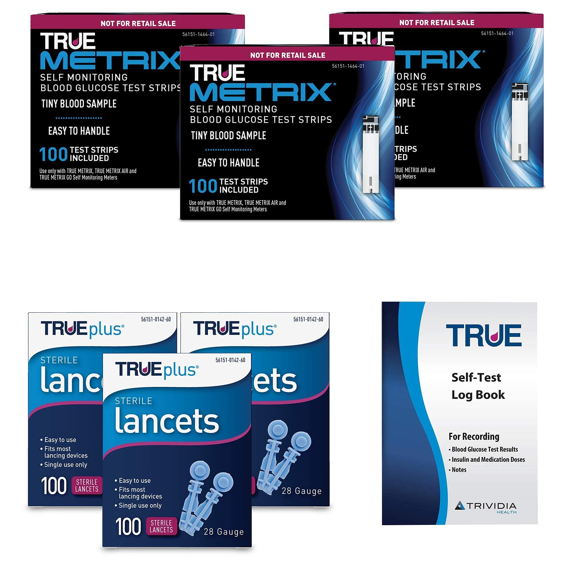 3X 100ct TRUE METRIX Blood Glucose Test Strips + 3X 100ct 28g TRUEplus Lancets + TRUEplus Diabetes Log Book Kit - Accurate Testing for Diabetics at Home, Travel & Clinic Use