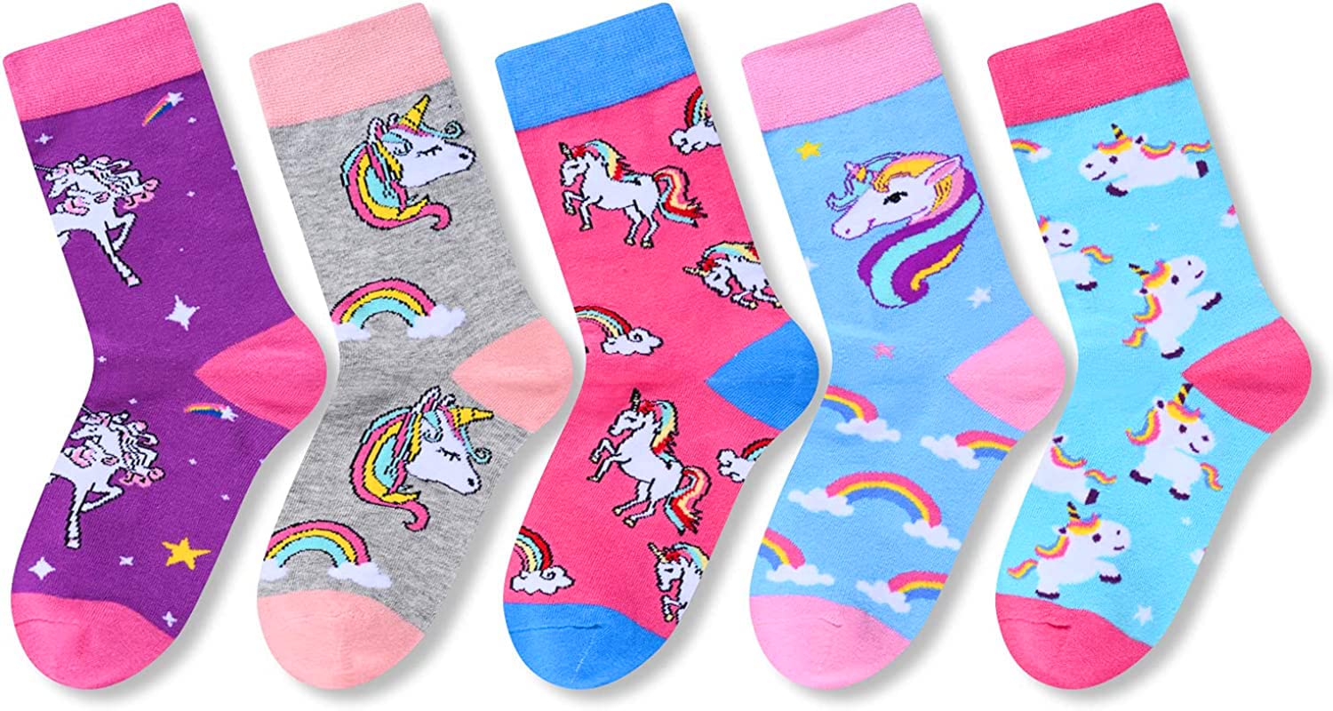 Zmart 5-Pack Cute Animal Socks for Girls - Llama, Unicorn, Corgi & Chicken Patterned Crew Socks - Soft Cotton Kids Socks for School, Gifts & Everyday Wear