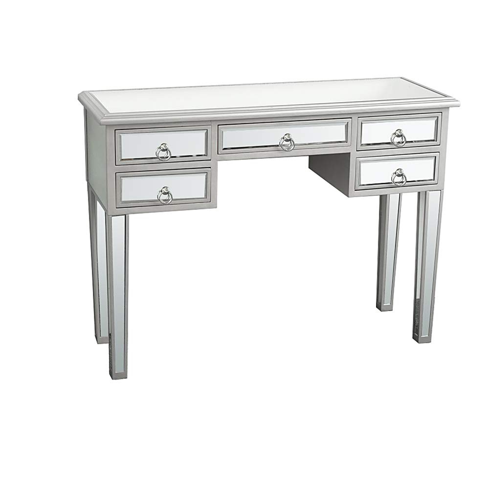 Modern Mirrored Console Table with 5 Drawers - Silver Finish Vanity Desk for Bedroom, Makeup Table & Entryway Decor | Elegant Home Office Furniture & Dressing Table for Women