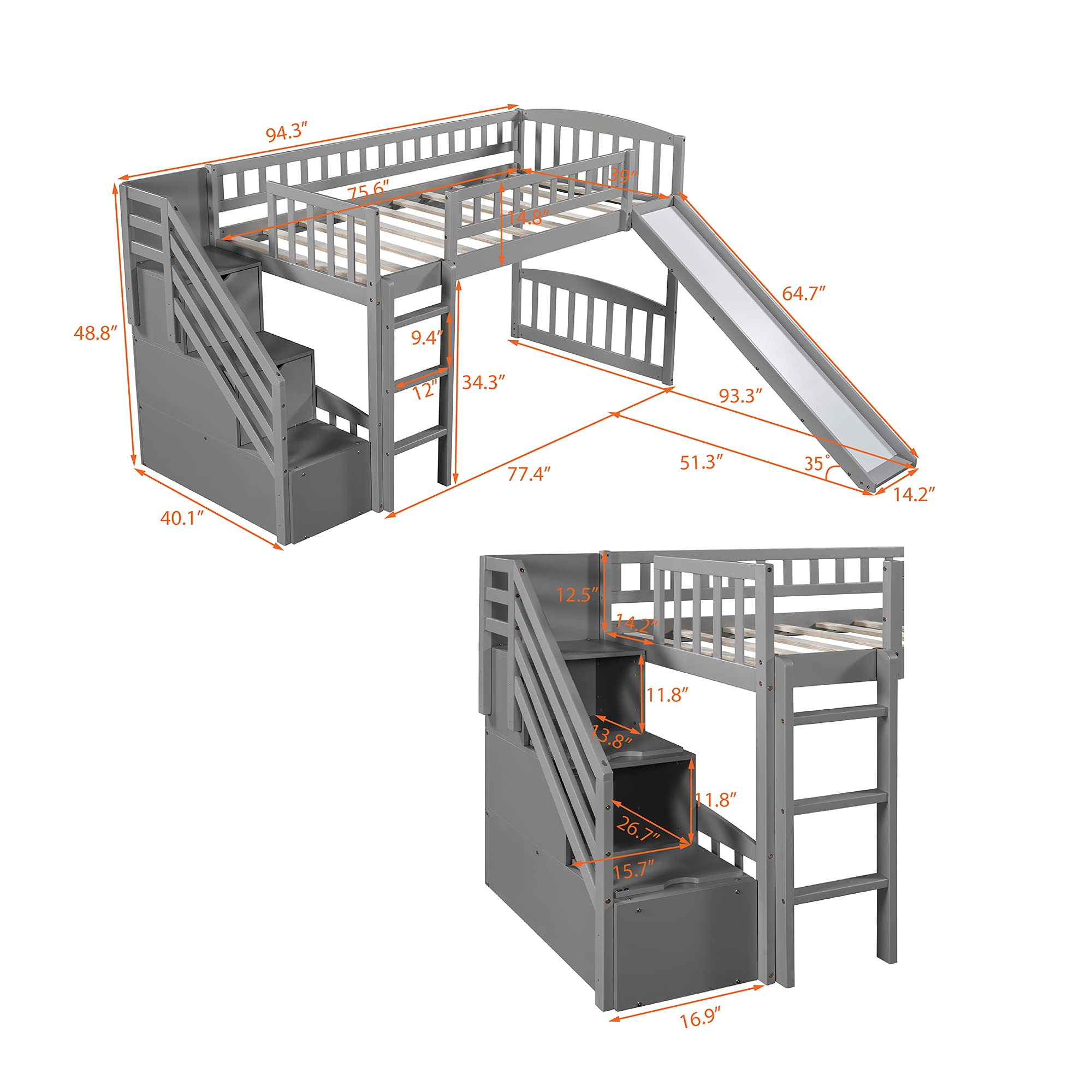 Danxee Twin Loft Bed with 2 Drawers & Slide - Sturdy Wood Loft Bed with Staircase, No Box Spring Required (Gray) - Perfect for Kids' Bedroom, Dorm Room & Space-Saving Small Apartments