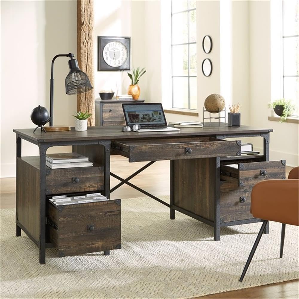 Sauder Carell Double Pedestal Executive Desk - Engineered Wood Carbon Oak Finish - Home Office & Business Workspace Desk for Professionals