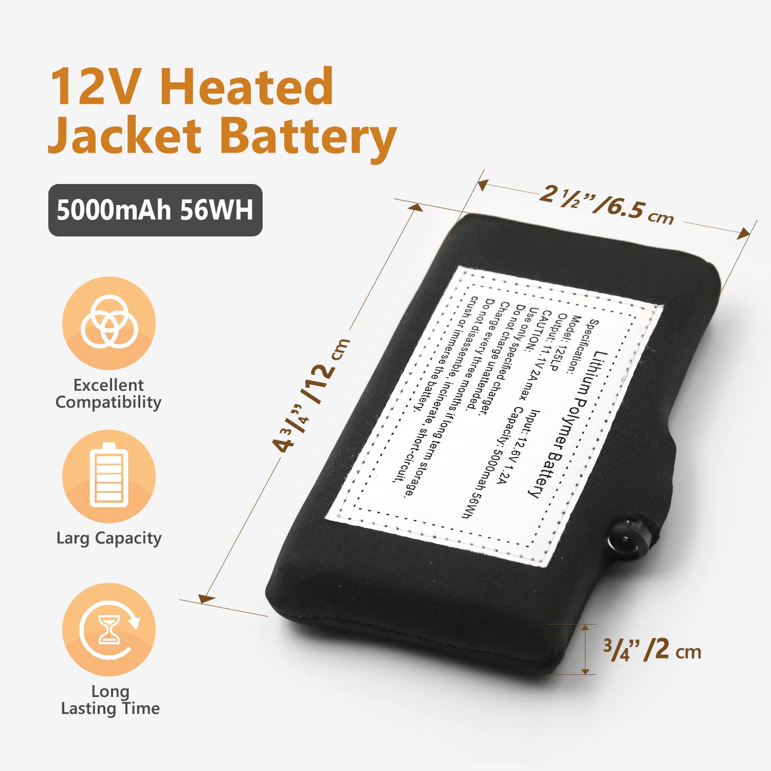 5000mAh 12V Heated Jacket Battery for Milwaukee M12 - High Capacity Li-Polymer Replacement Battery Pack Compatible with Milwaukee Prosmart, Dewalt, Revean Heated Vests & Hoodies (Includes 12V Charger) - Perfect for Winter Outdoor Work, Construction, Hunting & Cold Weather Activities
