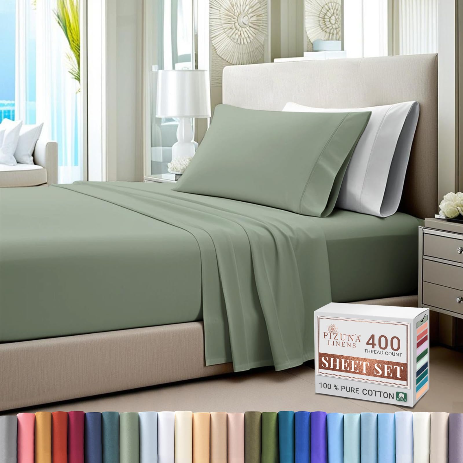 Pizuna Pure 100% Cotton Twin Size Sheets - 400 Thread Count Long Staple Sateen Weave with 15