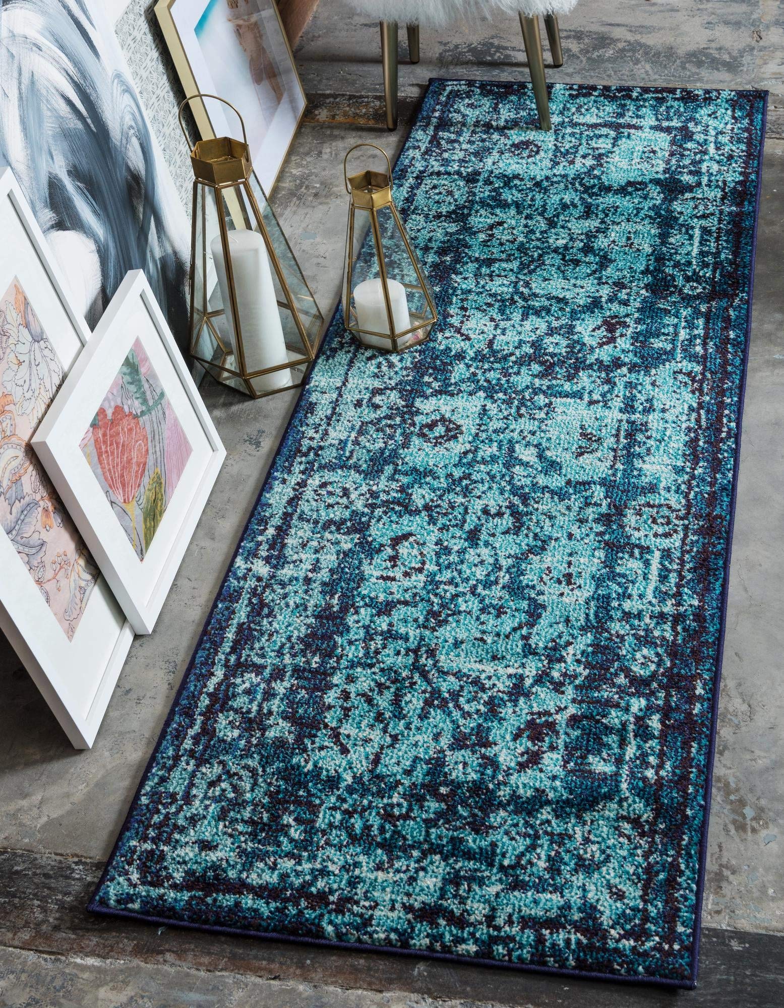 Rugs.com Fleur Collection 10 Ft Runner Rug - Soft Medium-Pile Blue Carpet for Hallways & Entryways | Durable Floor Mat for High Traffic Areas & Home Decor