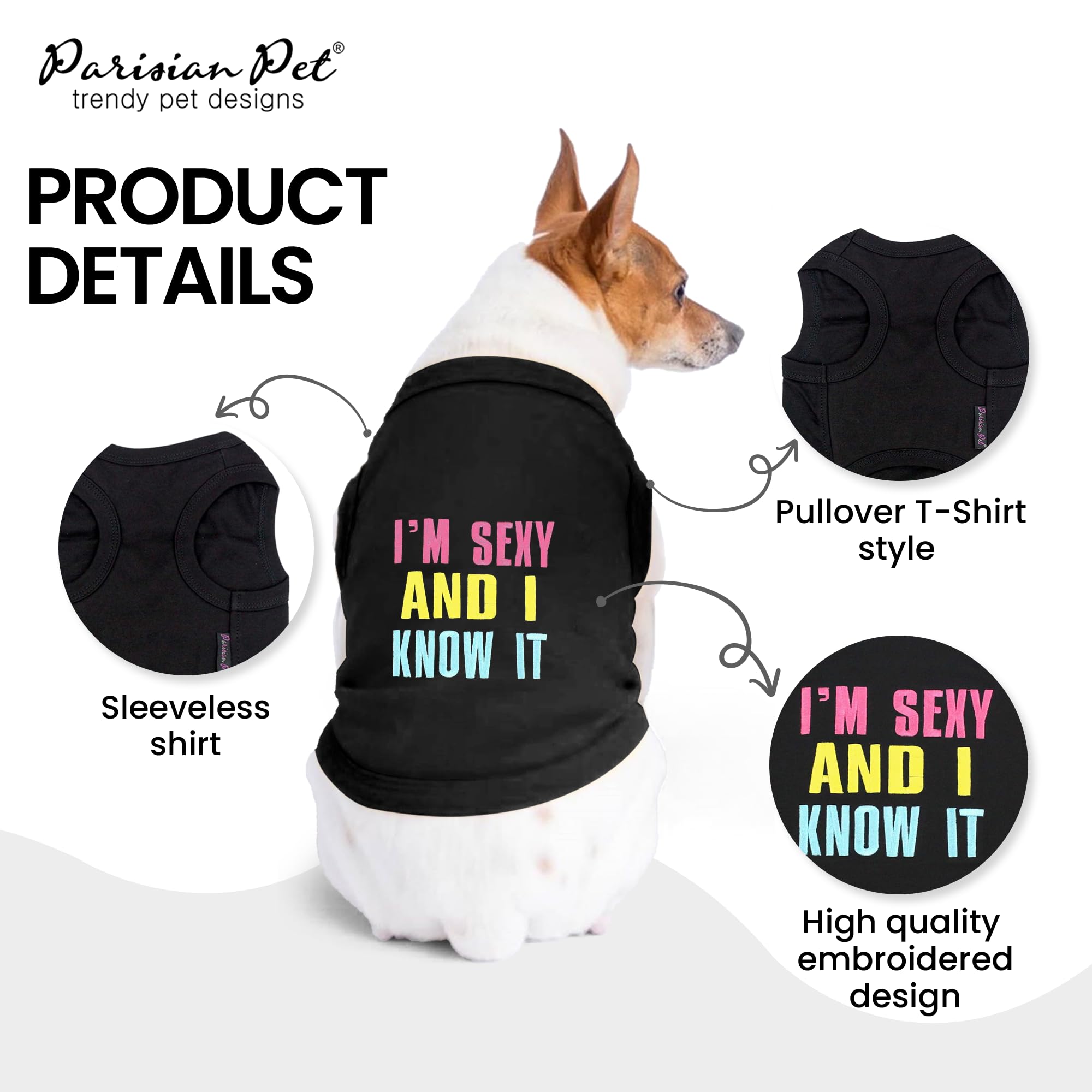 Parisian Pet Dog T-Shirt - Embroidered 'I'm Sexy' Sleeveless Dog Shirt - Breathable Lightweight Dog Clothes for Small Dogs - Machine Washable XS Dog Tee - Perfect for Summer Walks & Pet Fashion Shows