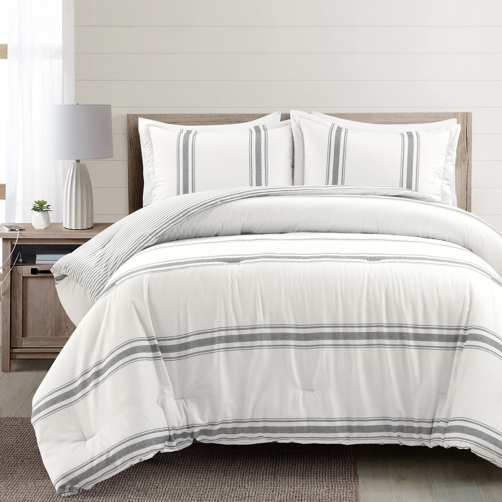 Lush Decor Farmhouse Stripe Reversible Cotton Comforter Set - 3 Piece Full/Queen Size Dark Gray Bedding - Cozy Rustic Striped Comforter for Modern Farmhouse Bedroom Decor - Perfect for Guest Rooms, Master Bedrooms & Cozy Retreats