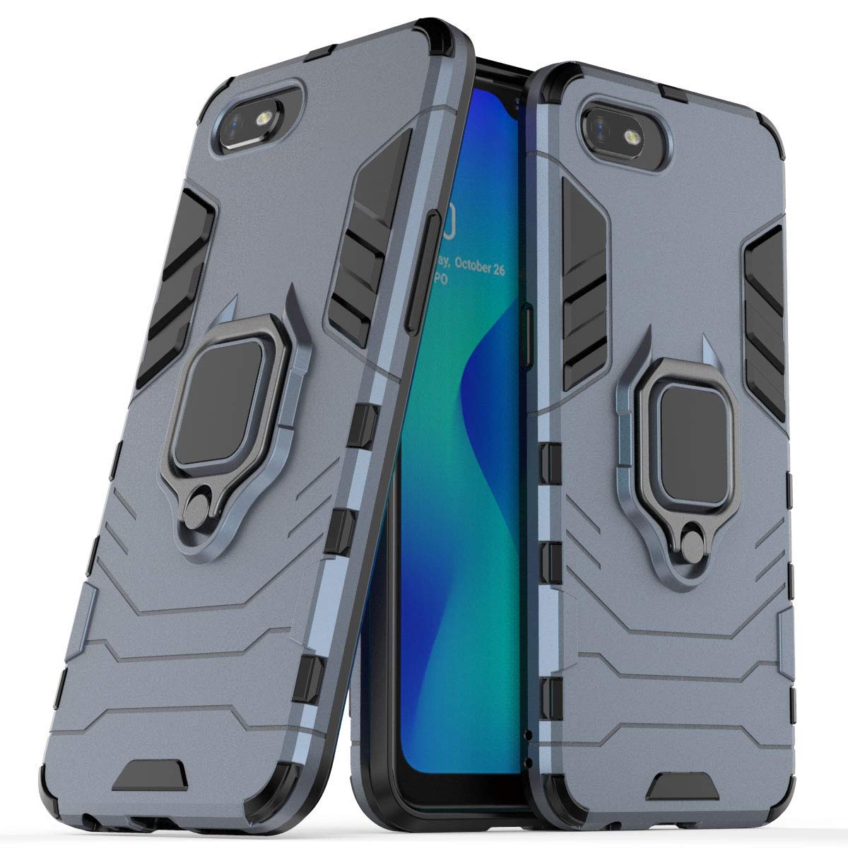 Premium Shockproof Hard Bumper Case for Oppo A1K & Realme C2 - Metal Ring Grip with Kickstand | Magnetic Car Mount Compatible | Dual Layer Rugged Protection (Navy Blue) - Perfect for Outdoor Activities & Daily Use