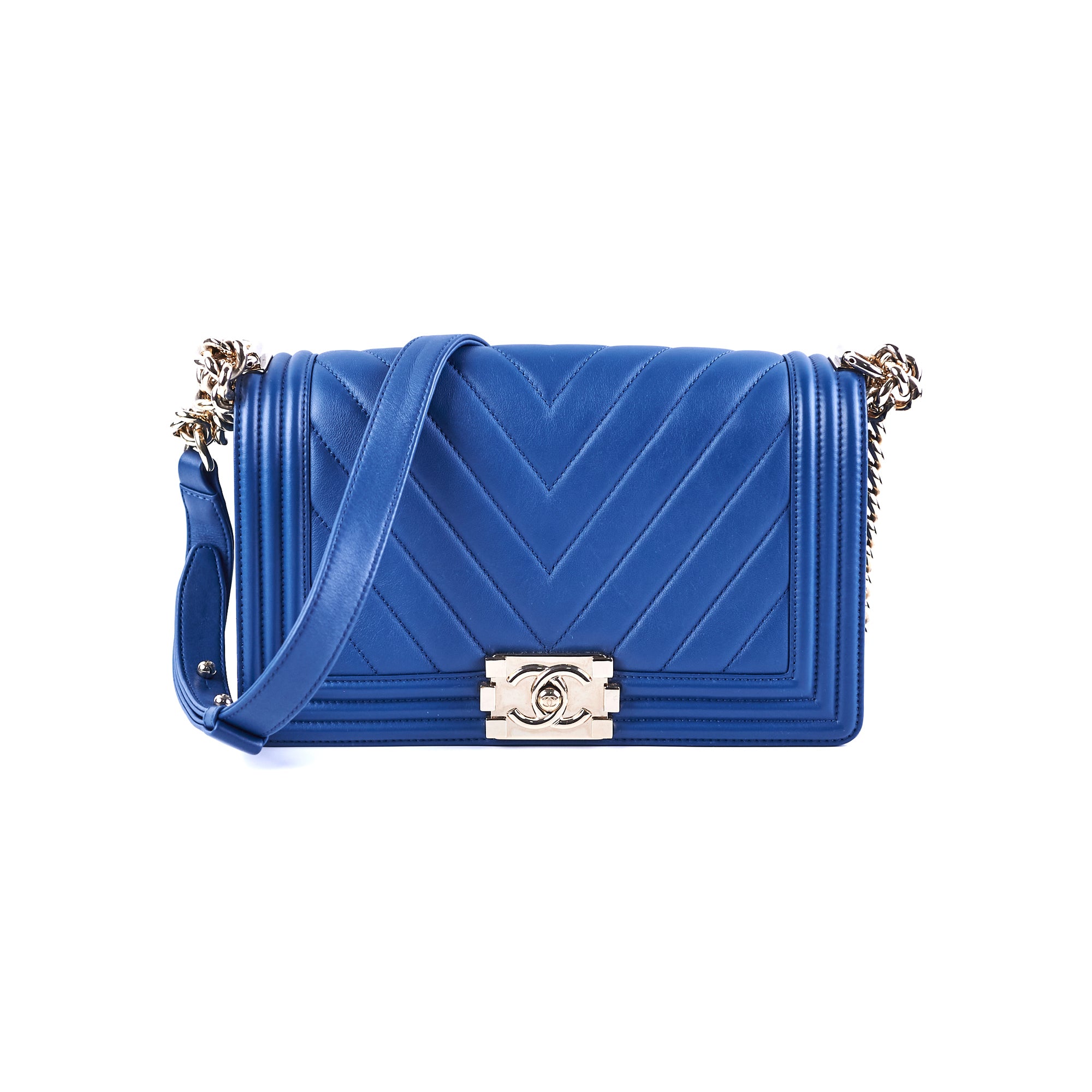 Chanel Old Medium Boy Chevron Lambskin Blue Leather Handbag - Luxury Crossbody Bag for Women, Perfect for Date Night & Special Occasions