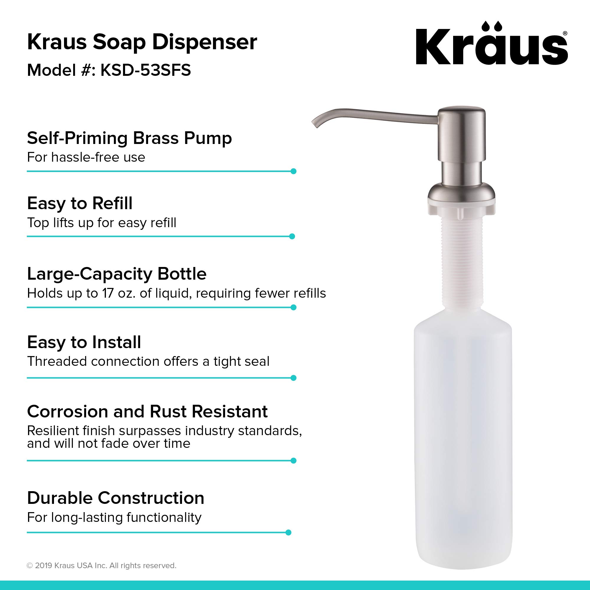 KRAUS KSD-53SFS Stainless Steel Kitchen Soap Dispenser & Lotion Dispenser - Spot Free, Touchless Design for Modern Sink - Perfect for Bathroom, Kitchen, and Office Use