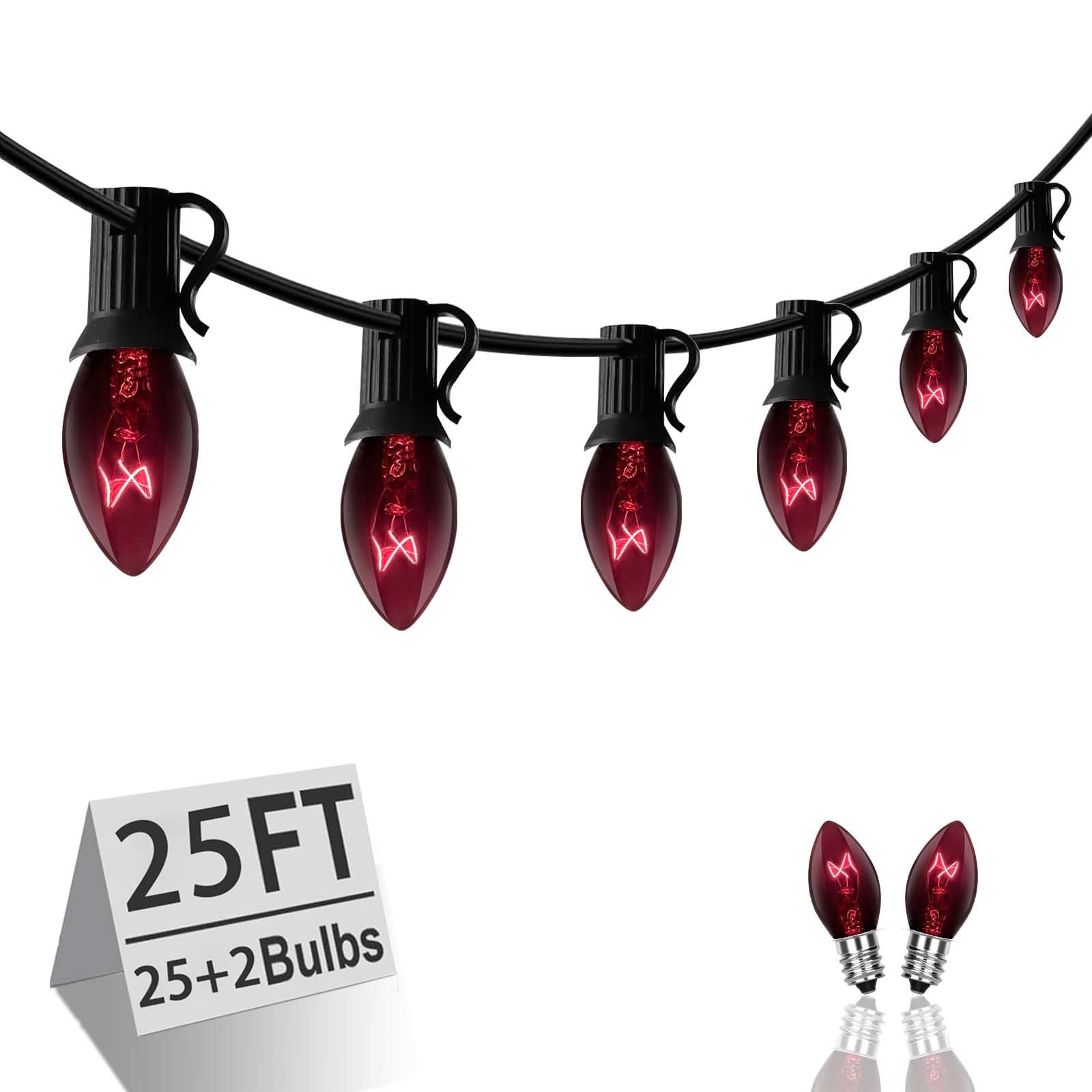 25FT Black C7 String Lights with 25 Clear Bulbs - Indoor/Outdoor Halloween & Christmas Decor - Perfect for Patio, Garden, Party, and Holiday Lighting
