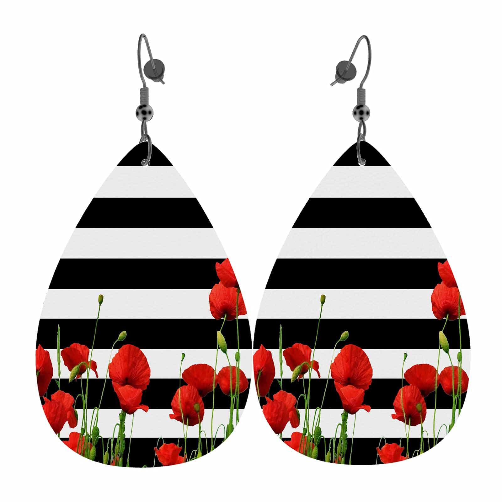 WONDERTIFY Poppies Leather Earrings - Red Flower Teardrop Double-Sided Dangle Earrings for Women & Girls | Lightweight Leaf Design in Black & White Stripes | Perfect for Casual Wear, Parties & Gifts