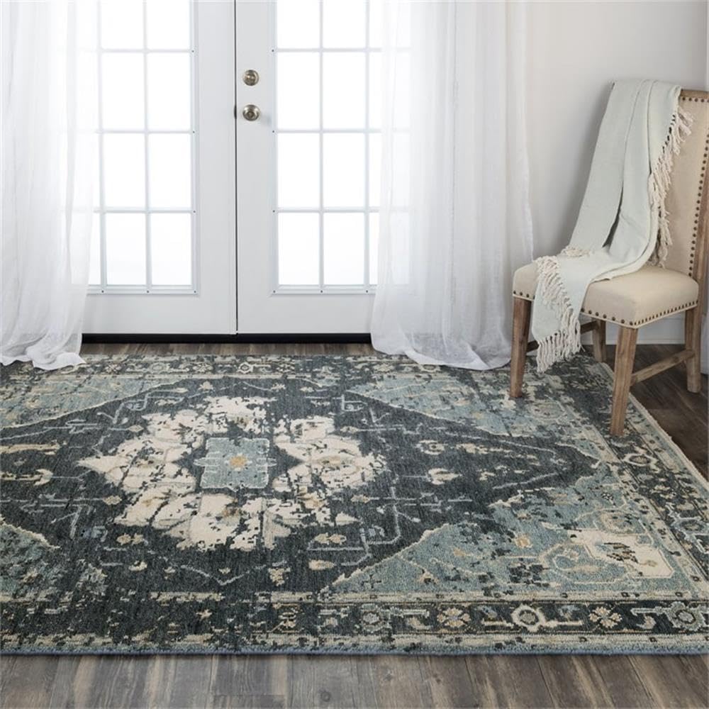 Hand-Knotted Blue Area Rug 9x12 - Traditional Decor for Living Room