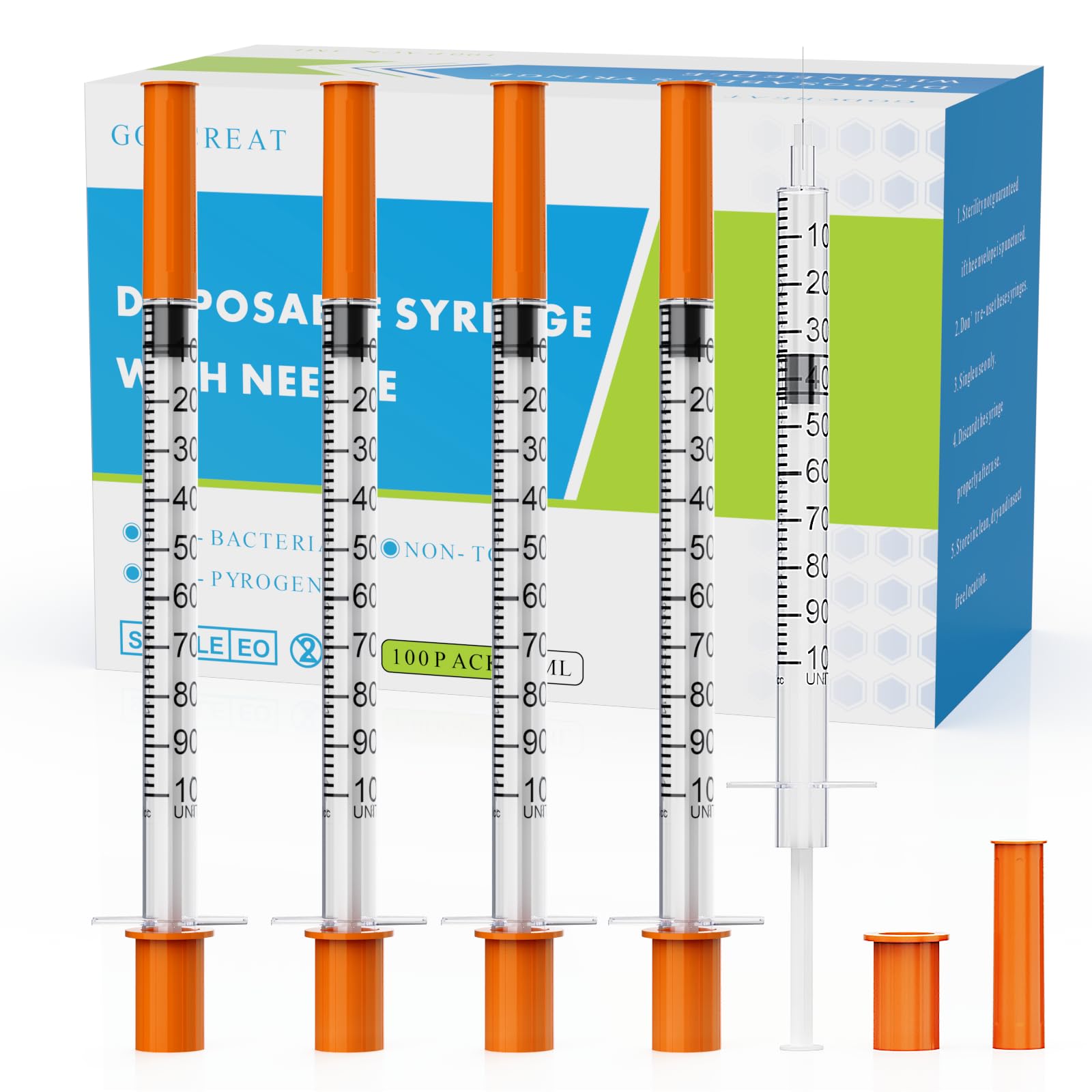 U-100 1cc 30G 1/2 Inch Insulin Syringes - Individually Sealed, Sterile, Pack of 100 - Perfect for Diabetes Care, Pet Injections & Medical Use