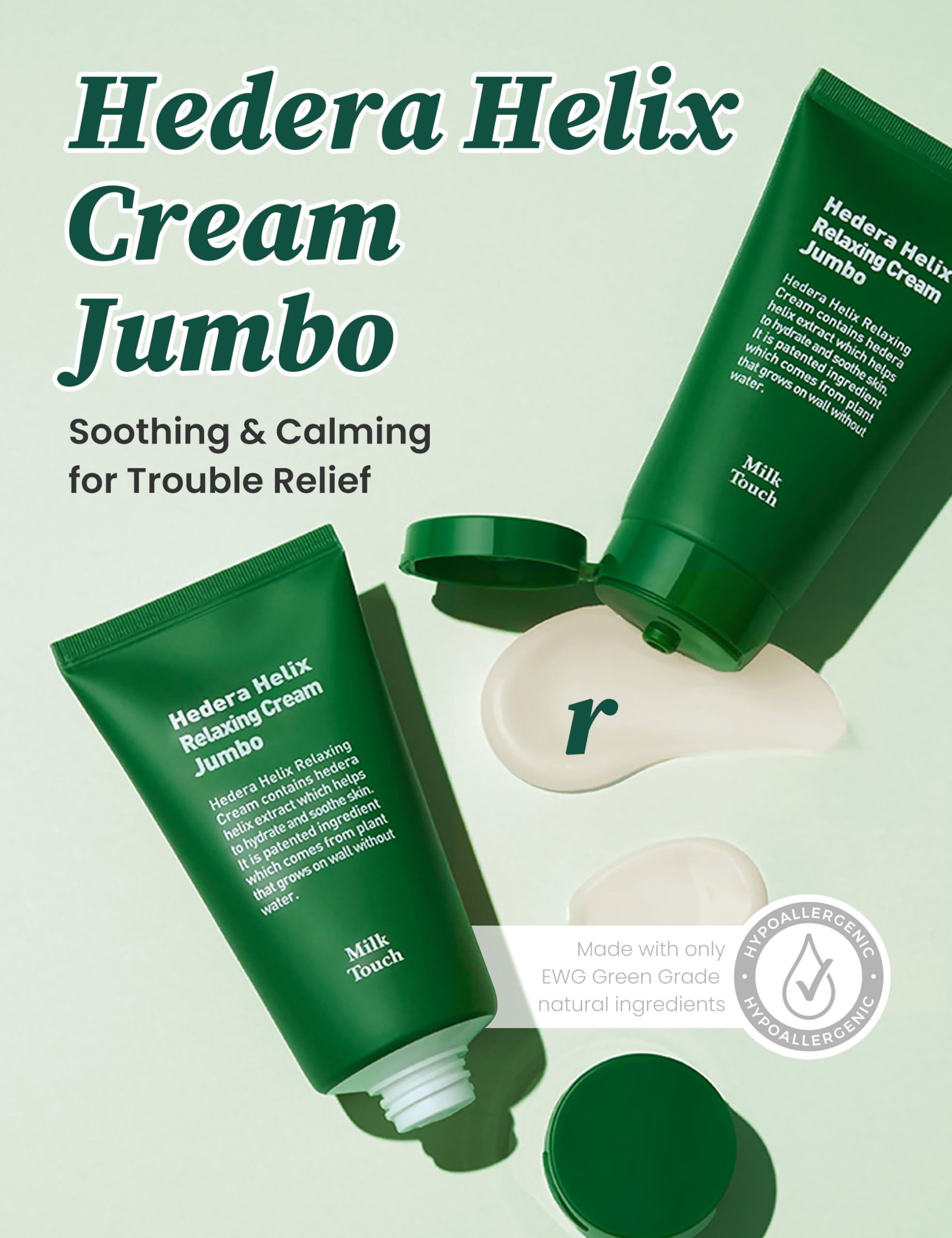 MILKTOUCH Hedera Helix Relaxing Cream Jumbo 3.38 oz - Redness Relief & Hydrating Face Moisturizer for Sensitive Skin with Cica Extract, Soothes Rosacea & Calms Irritation - Perfect for Daily Skincare Routine & Post-Treatment Care