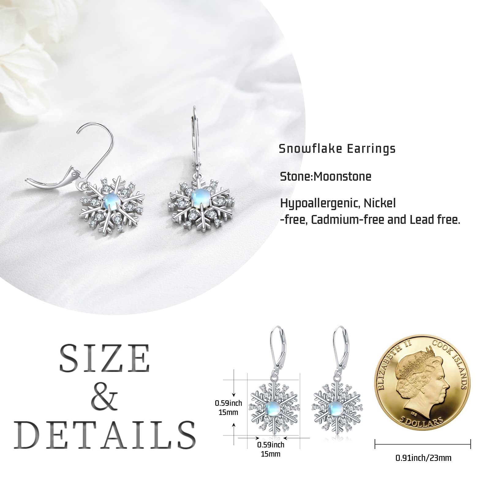 925 Sterling Silver Snowflake Dangle Earrings with Moonstone | Hypoallergenic Winter Jewelry | Christmas Gifts for Women & Girls | Perfect for Holiday Parties, Weddings & Everyday Wear