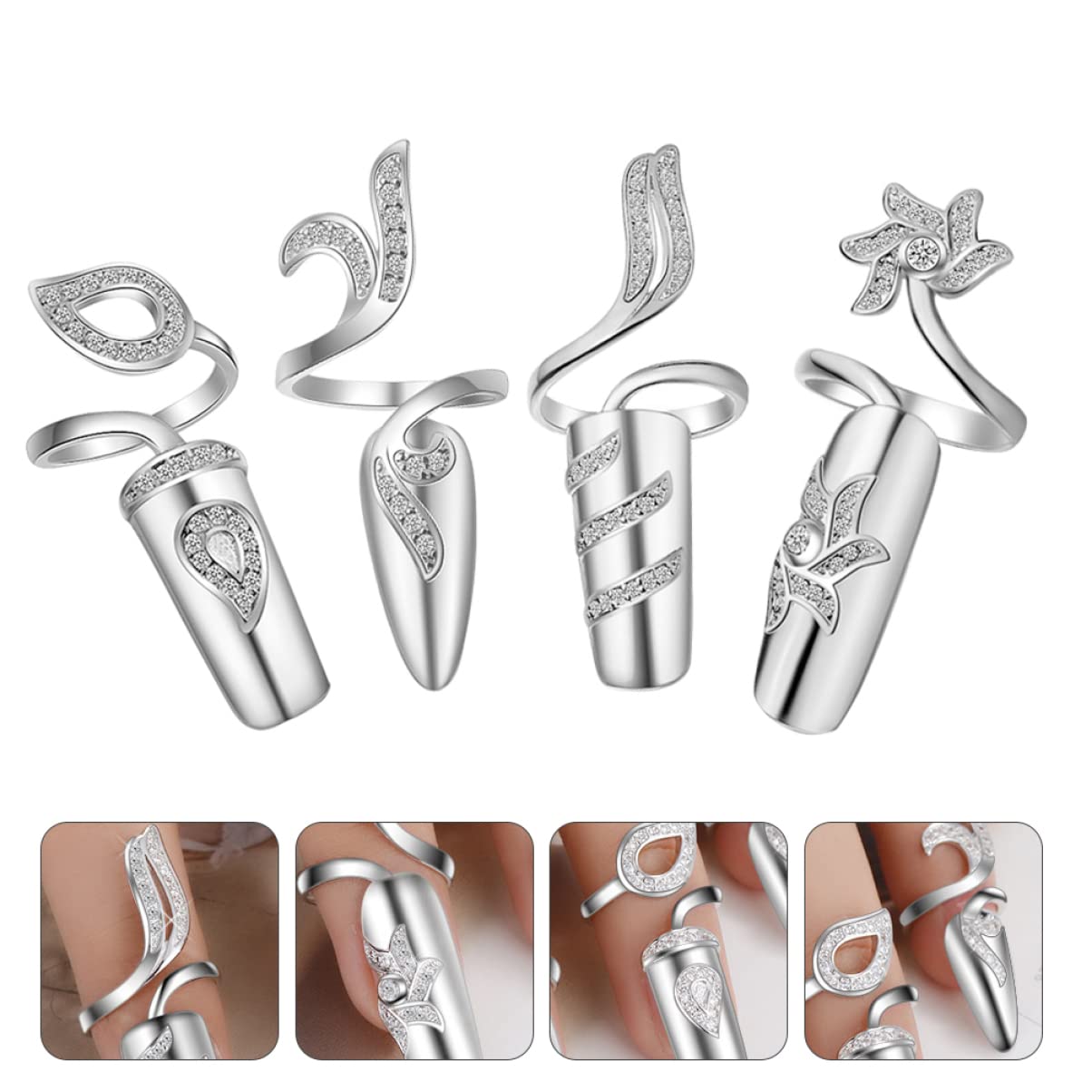 FRCOLOR Silver Gothic Nail Rings for Women - Metal Fingernail Cover Rings with Rhinestones | Elegant Nail Jewelry for Parties, Halloween & Gothic Fashion