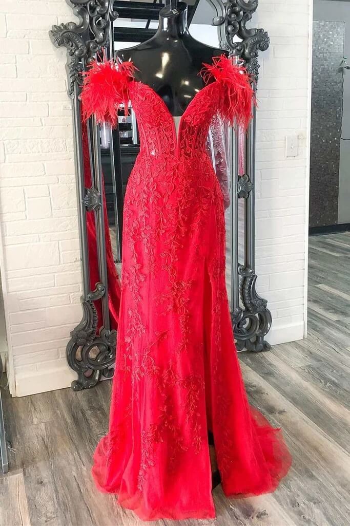 2025 Long Off Shoulder Red Lace Prom Dress with Feathers - V Neck Mermaid Evening Gown for Homecoming, Wedding, Pageant & Formal Events