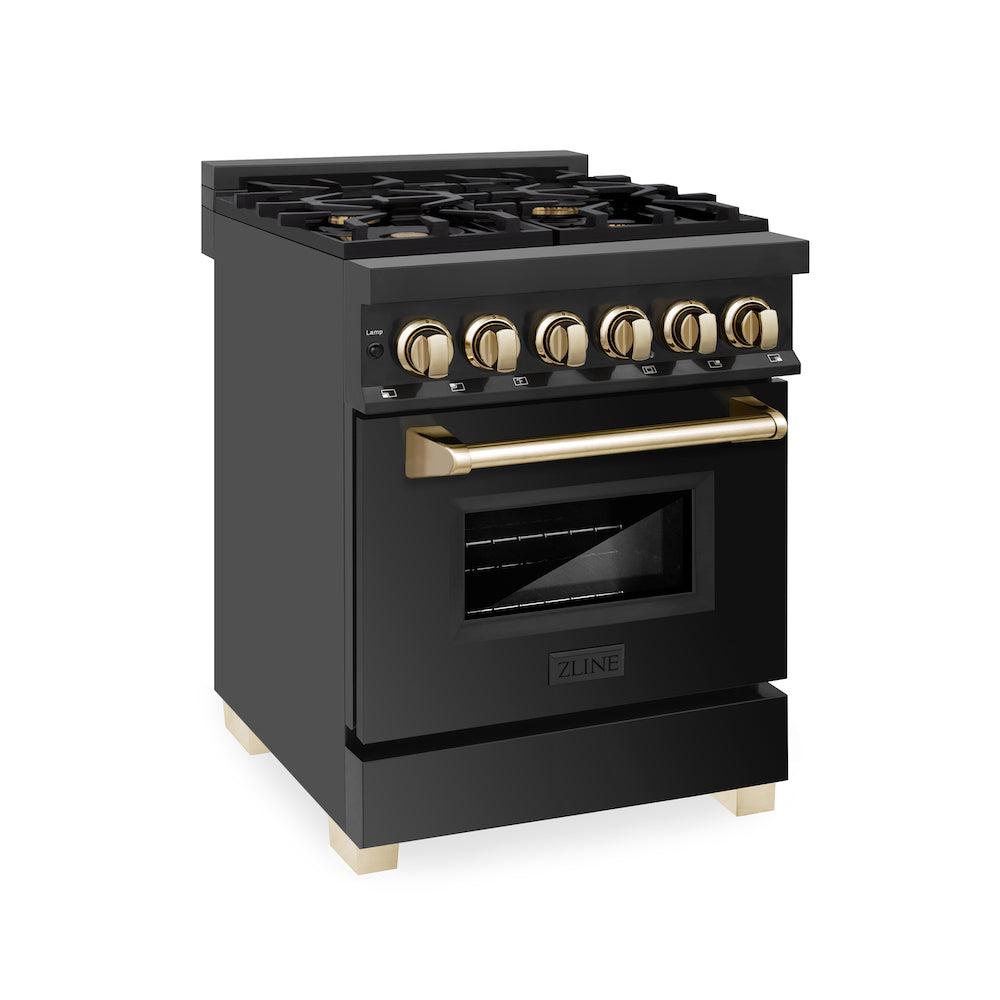 ZLINE Autograph Edition 24 Inch 2.8 Cu Ft Dual Fuel Range with 4 Burner Gas Cooktop & Electric Convection Oven - Black Stainless Steel with Polished Gold Accents (RABZ 24 G) | Professional Kitchen Appliance for Home Chefs & Cooking Enthusiasts