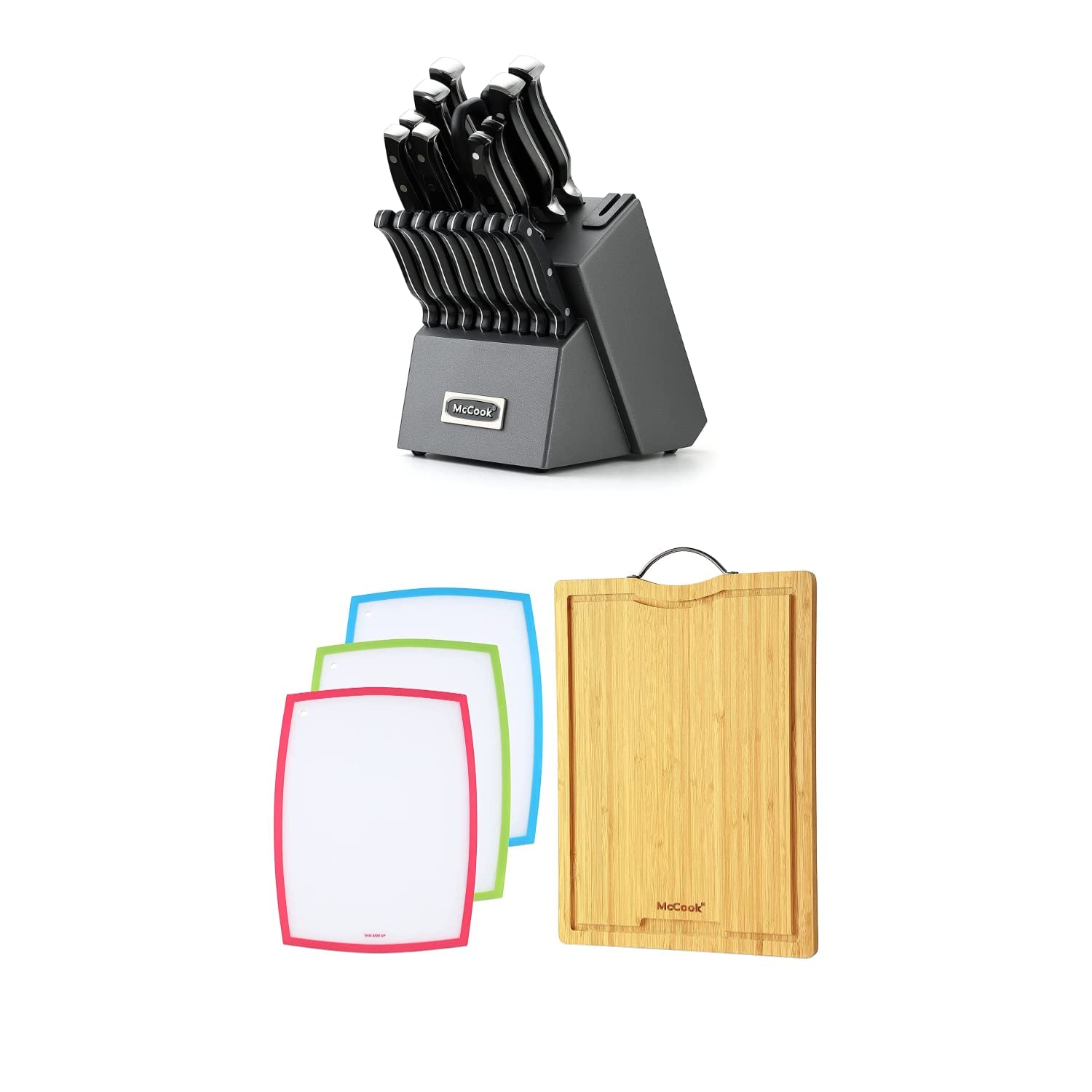 Premium 20-Piece Stainless Steel Forged Kitchen Knife Set with Built-in Sharpener & 4-Piece Bamboo Cutting Board Set (17