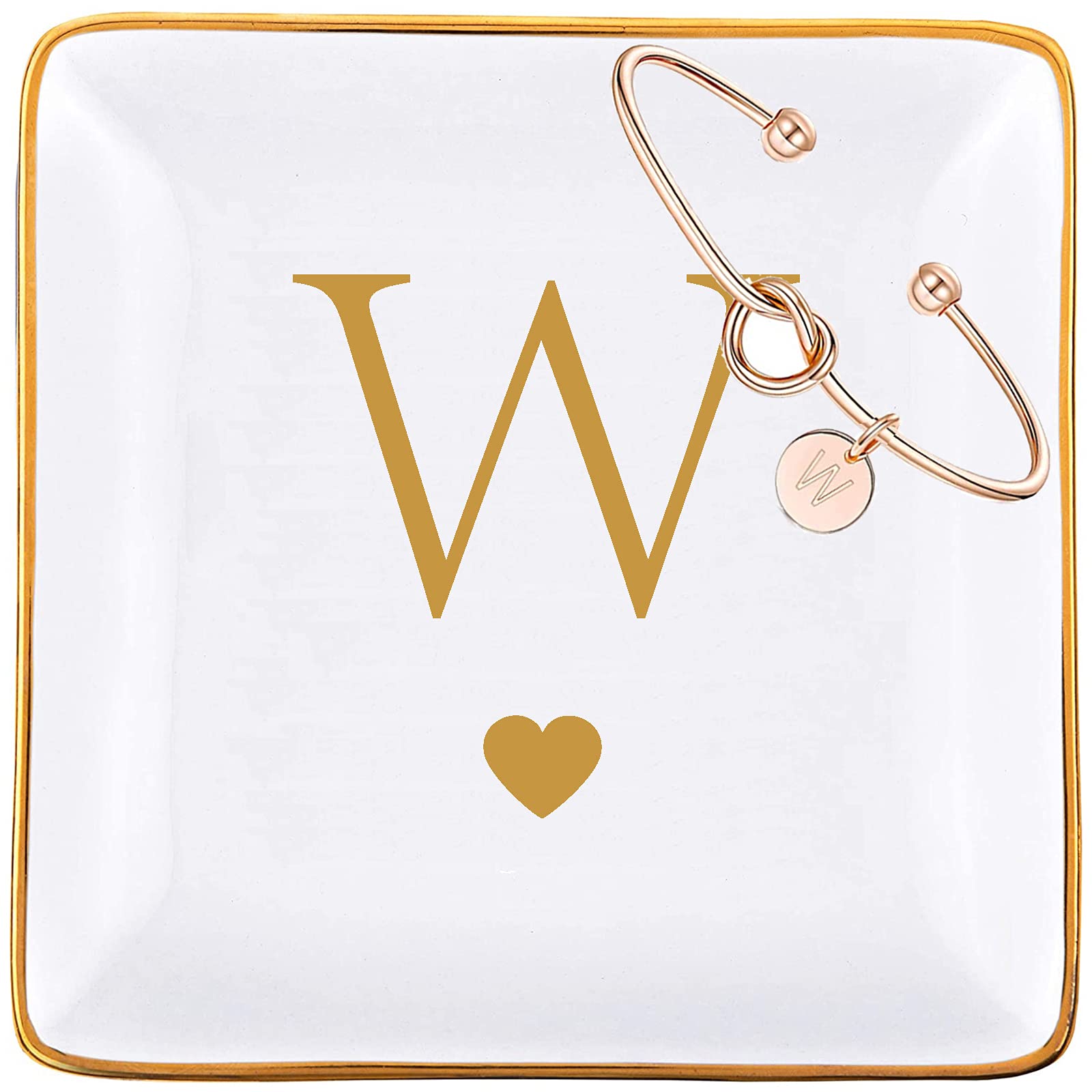 Personalized Ceramic Jewelry Tray & Rose Gold Initial Bracelet Gift Set for Women - Custom Initial Ring Dish, Key Bowl Holder with Gold Letter - Perfect Birthday, Bridesmaid, Mother's Day Gift for Her, Mom, Grandma, Daughter, Sister, Friend (Letter W) - Ideal for Jewelry Organization, Home Decor & Special Occasions