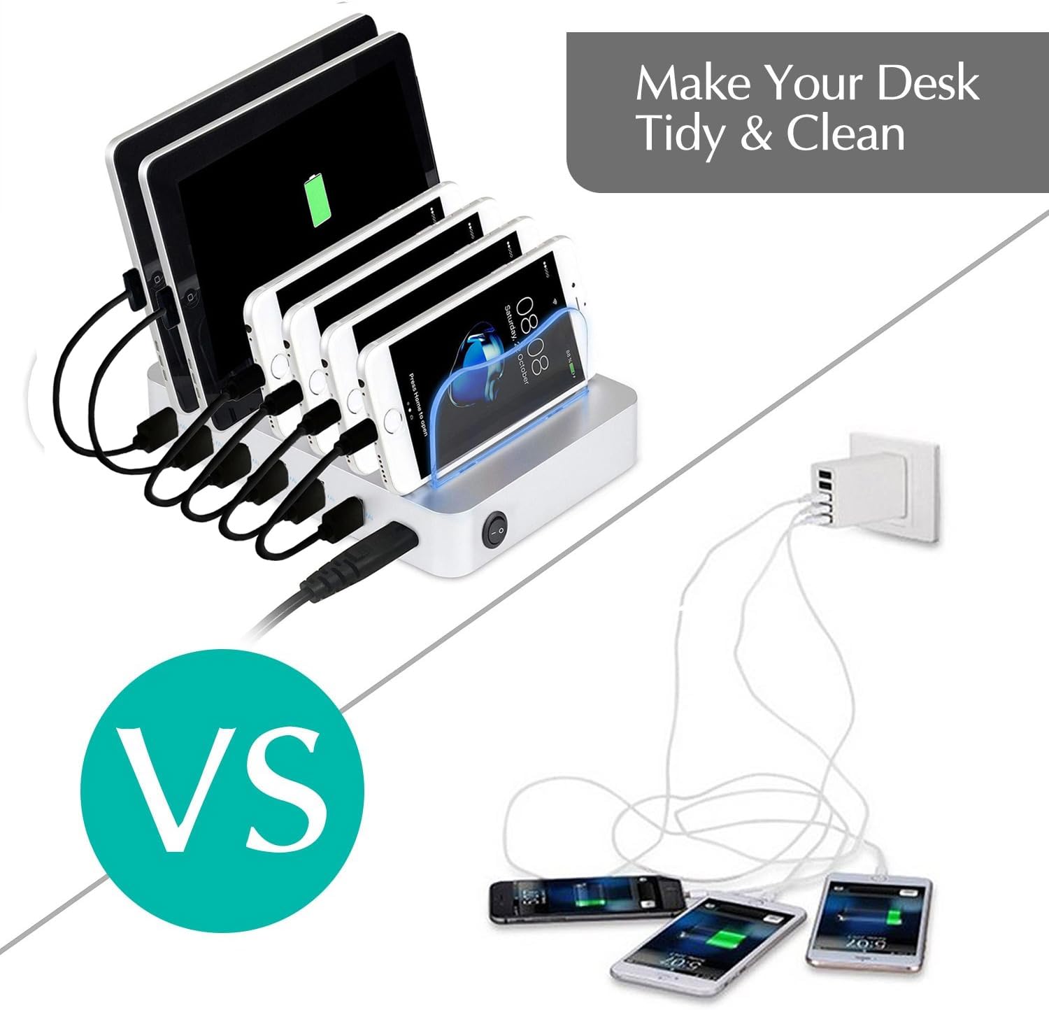Pritek 6-Port USB Charging Station Dock & Organizer - Multi-Device Charger for iPhone, Android, Tablet & Smart Devices with 6 Cables & LED Indicators (Silver) | Perfect for Home, Office & Travel Use