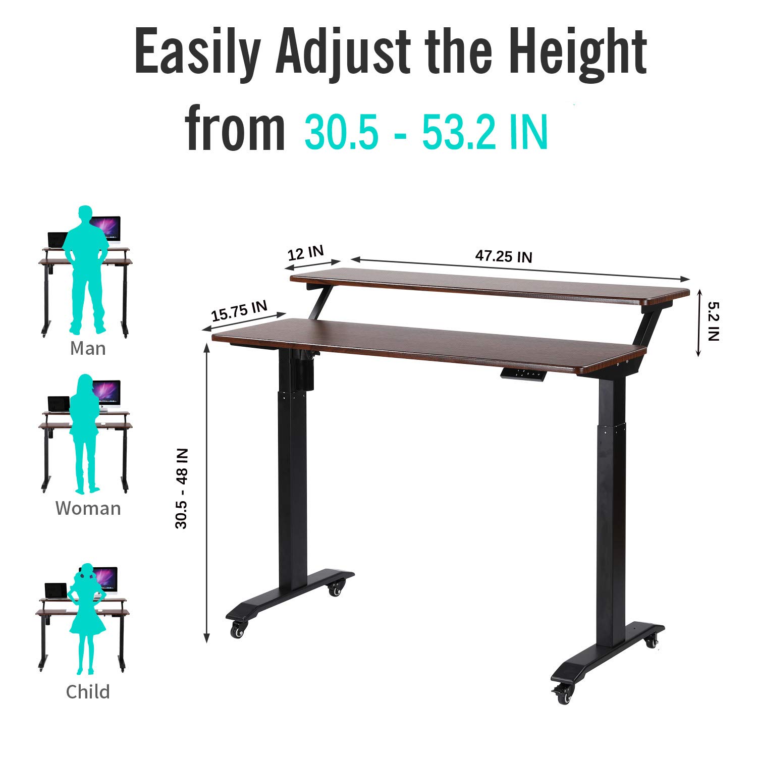 UNICOO Electric Height Adjustable 2-Tier Standing Desk with Wheels - Mobile Workstation with Monitor Stand, Ergonomic Home Office Desk for Gaming & Working - Perfect for Small Spaces & Remote Work Setup