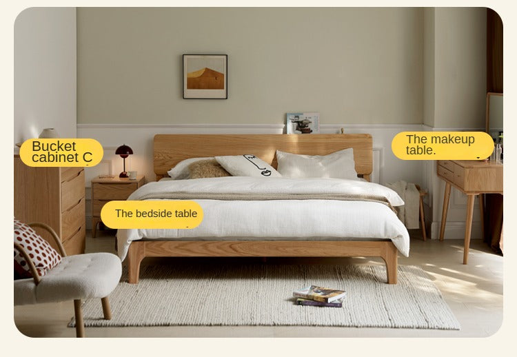 Solid Oak Rubber Wood Bed - Modern Nordic Style Queen/King Size Bed Frame for Bedroom, Living Room & Guest Room