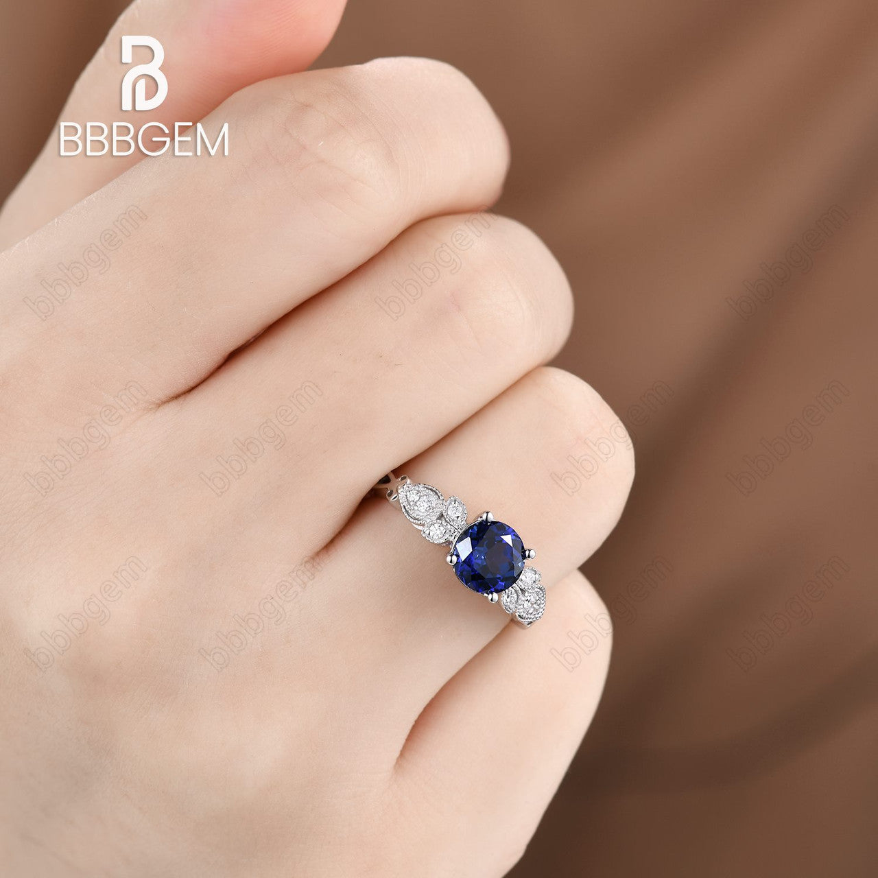 1CT Floral Blue Sapphire Milgrain Lab-Created Sapphire Engagement Ring - 14K/18K White Gold - Perfect for Proposals, Anniversaries & Bridal Jewelry