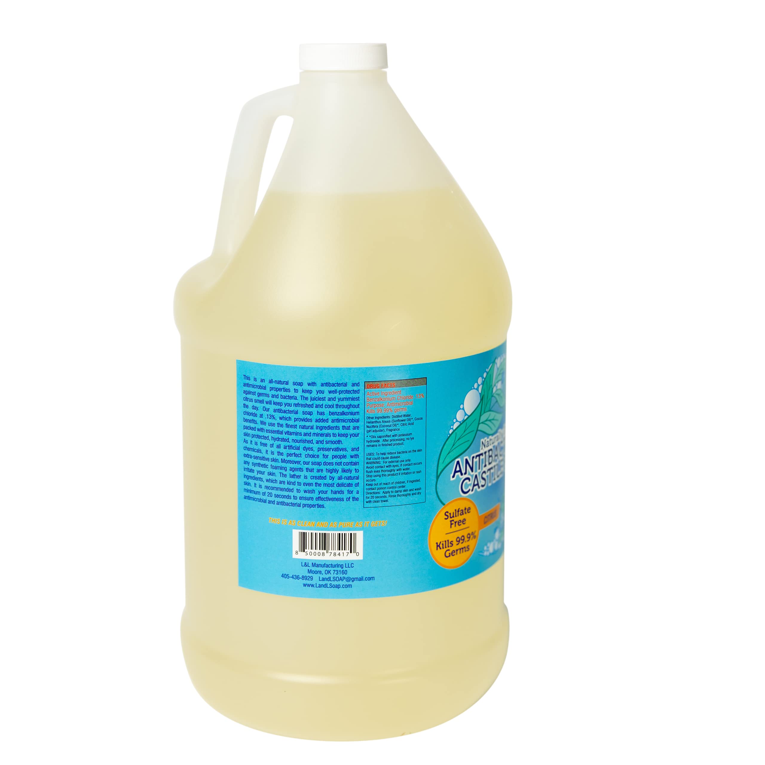 Natural Citrus Antibacterial Pure Castile Soap Liquid - Vegan, Non-GMO Face, Hand & Body Wash for Dry & Sensitive Skin | Made in USA (1 Gallon) - Perfect for Home, Travel & Eco-Friendly Cleaning