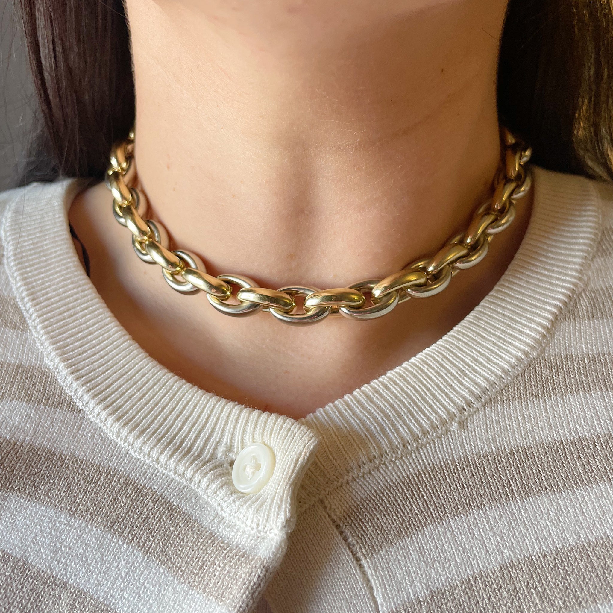 14K Gold Two Tone Oval Link Necklace - Italian Estate Jewelry for Women, Elegant Gift for Anniversary, Wedding & Special Occasions
