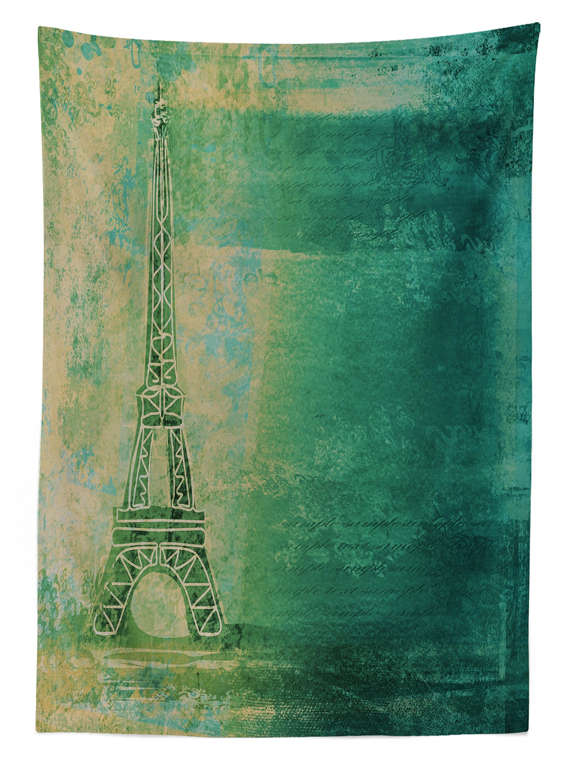 Ambesonne Eiffel Tower Waterproof Outdoor Tablecloth - French Ombre Gradient Sketch Print, Washable Picnic Table Cover 58x84 Inches, Teal & Mustard - Perfect for Garden Parties, BBQs, and Parisian-Themed Events