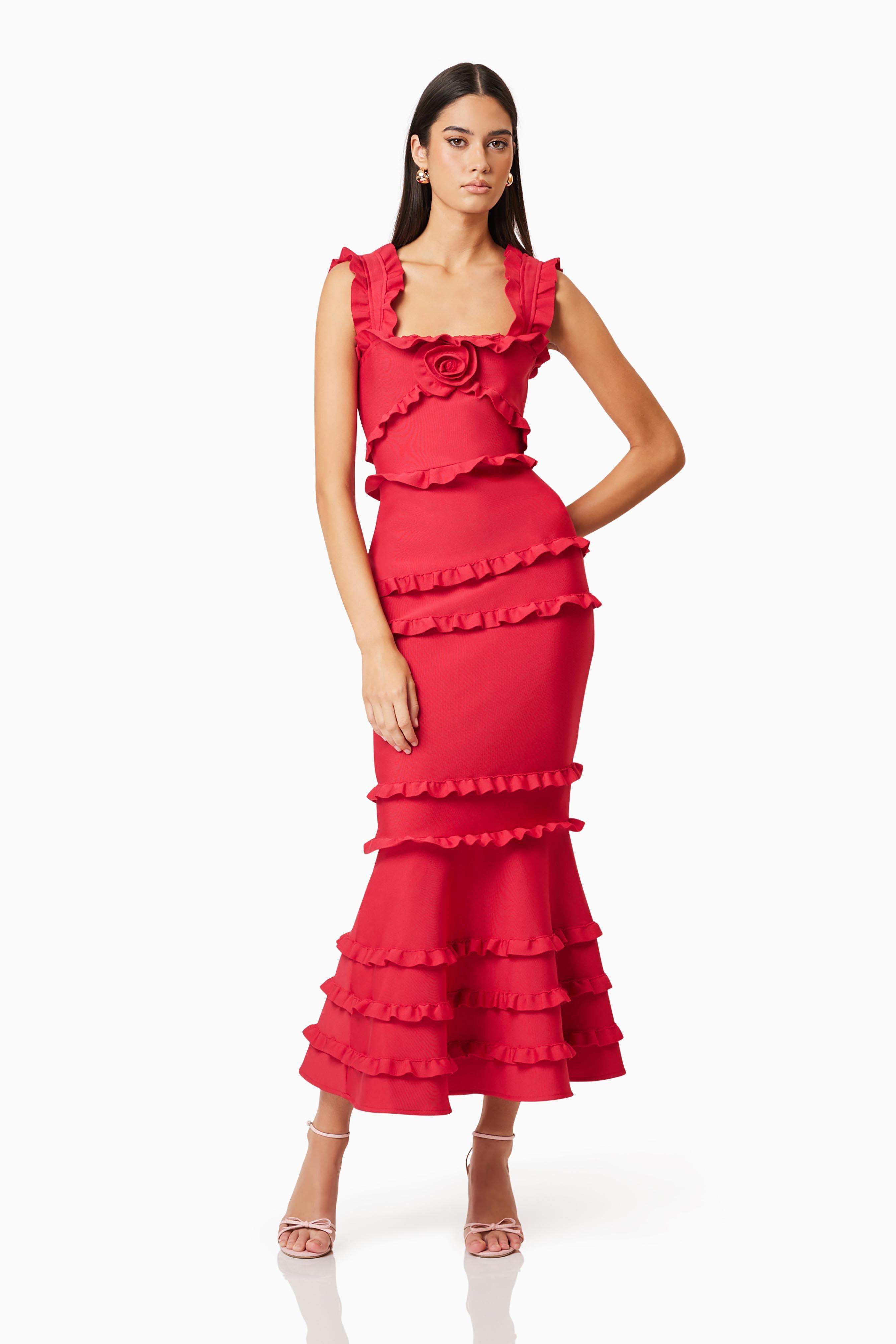 Josephine Floral Print Frill Maxi Dress - Elegant Red Long Dress for Women | Perfect for Weddings, Parties & Summer Vacations