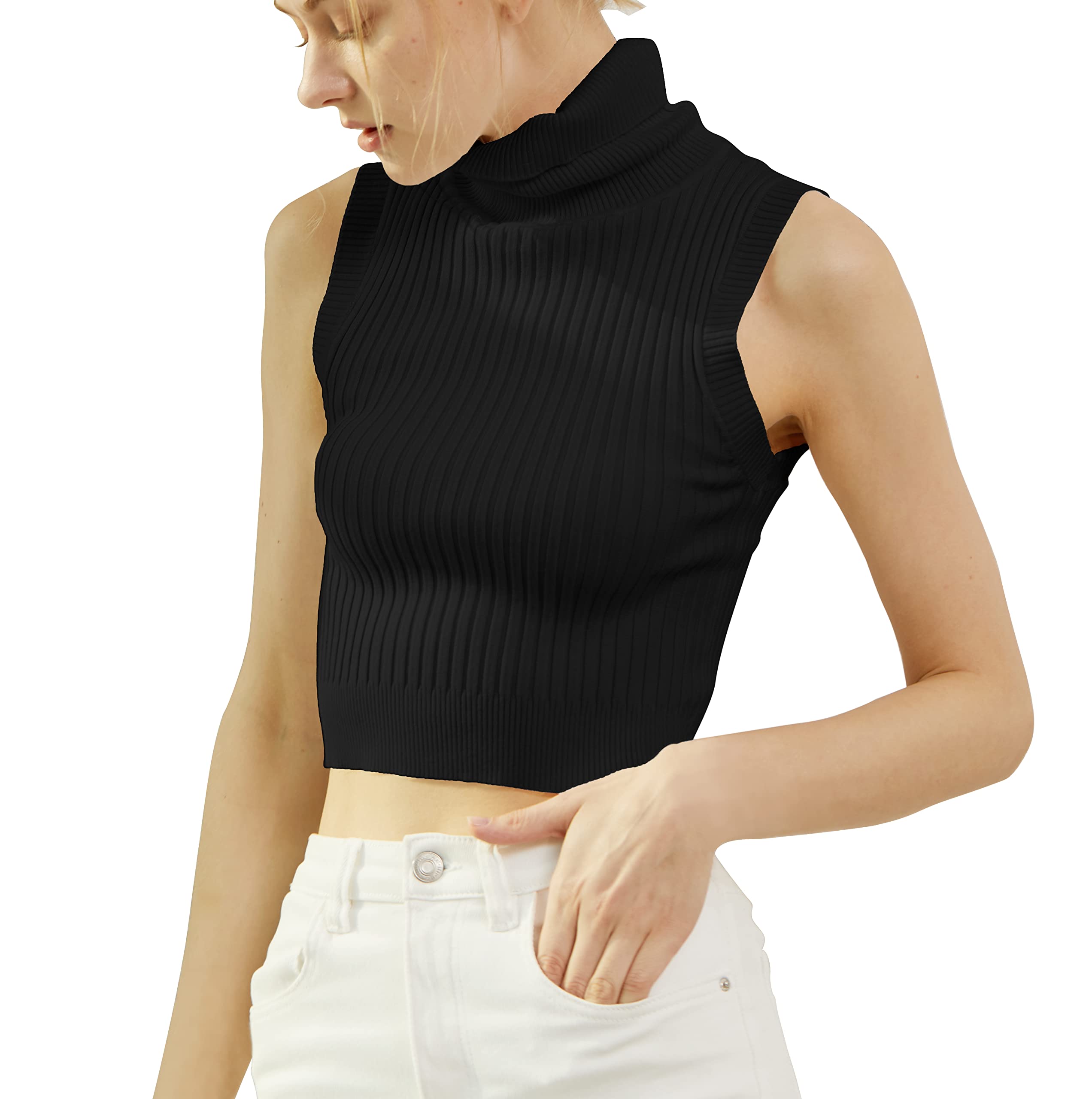 V28 Women's Cropped Turtleneck Sweater Vest - Casual Sexy Knit Crop Top for Layering, Fall Fashion & Streetwear Outfits