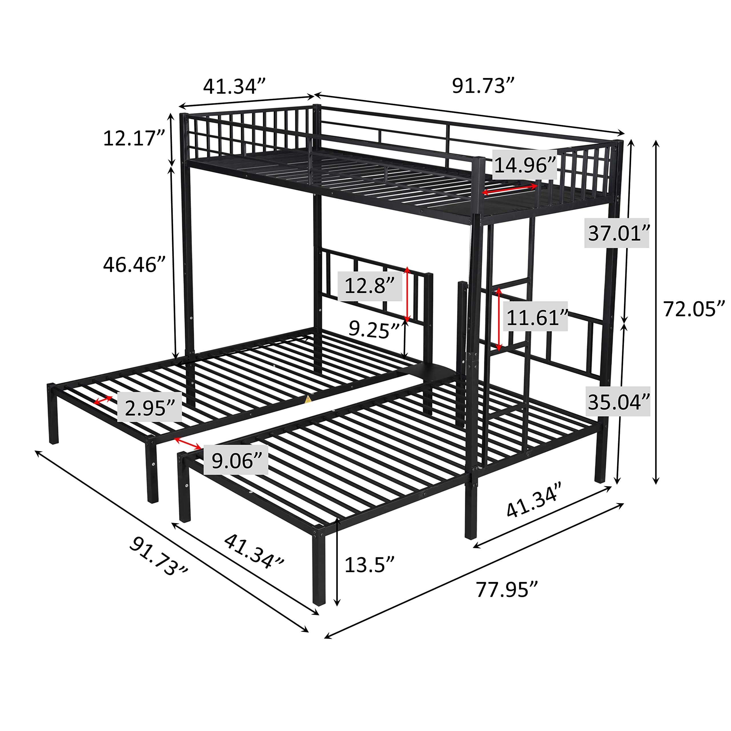 Twin Over Twin & Twin Metal Triple Bunk Bed Frame with Guardrails - Space Saving Bunk Bed for Kids, Teens & Adults - Converts to 3 Separate Beds (Black) - Perfect for Small Bedrooms, Dorms & Guest Rooms