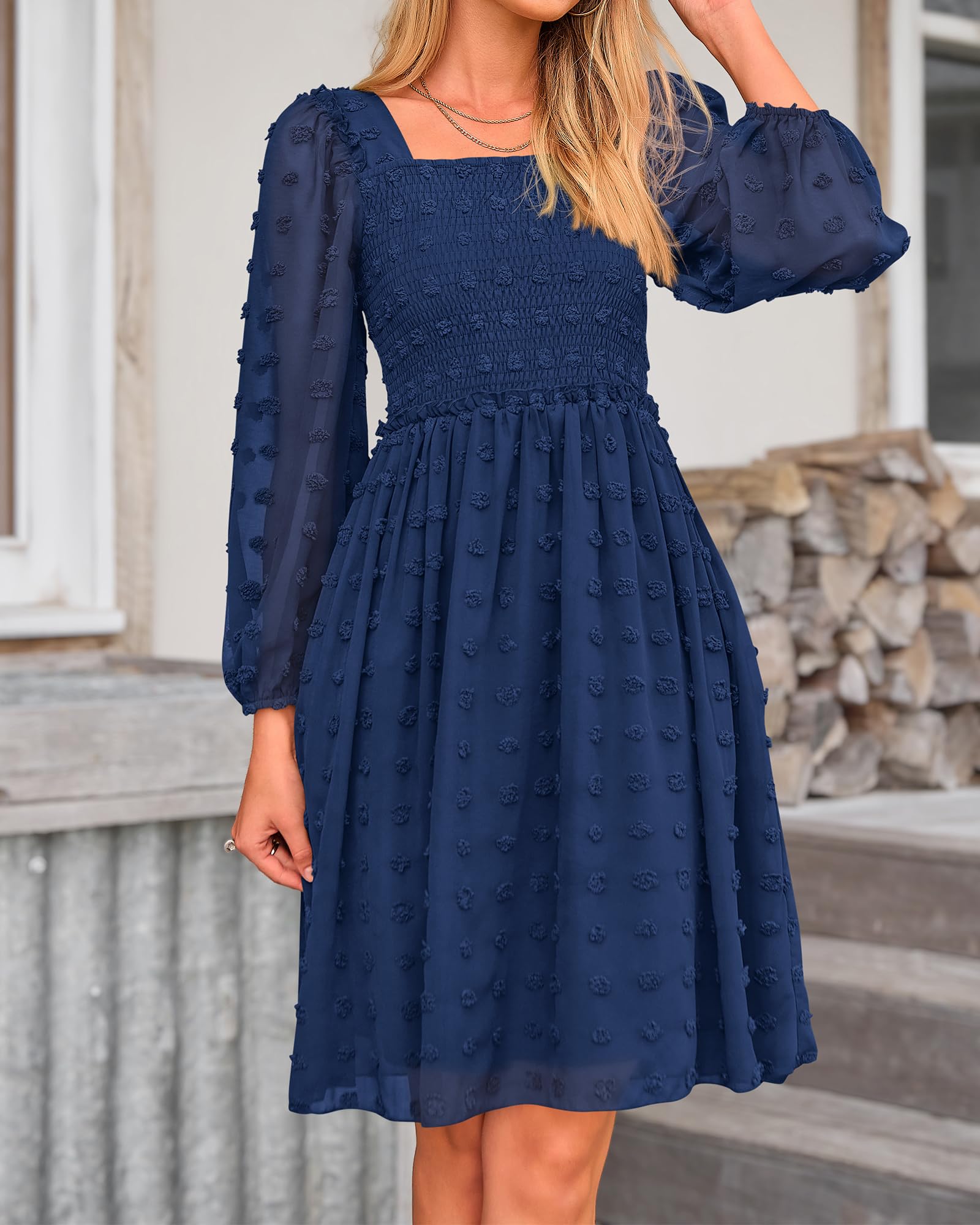 BTFBM Women's Floral Swiss Dot Smocked Mini Dress - Square Neck Long Sleeve Boho Style for Wedding Guest, Spring & Summer 2025 | Perfect for Garden Parties, Bridal Showers & Date Nights