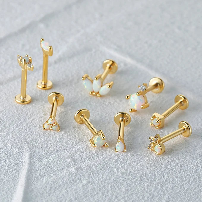 Opal Labret Flat Back Earrings - Surgical Steel Push Pin Studs for Cartilage, Helix, Nose Piercing | Hypoallergenic Body Jewelry for Women & Men | Perfect for Everyday Wear & Special Occasions