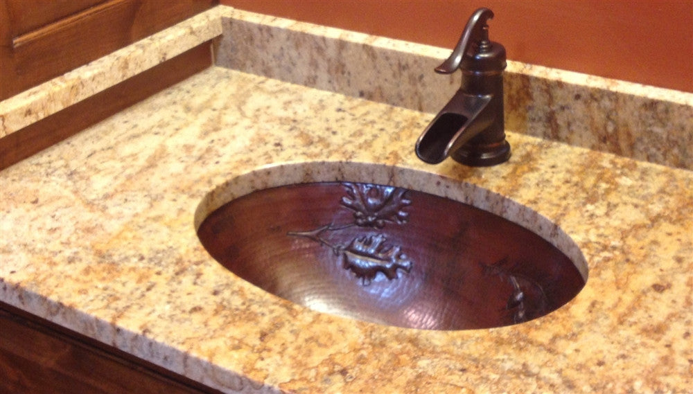 Modern Flat Edge Oval Copper Sink with Natural Branch Pinecones Design - Farmhouse & Rustic Kitchen Bathroom Vanity Decor