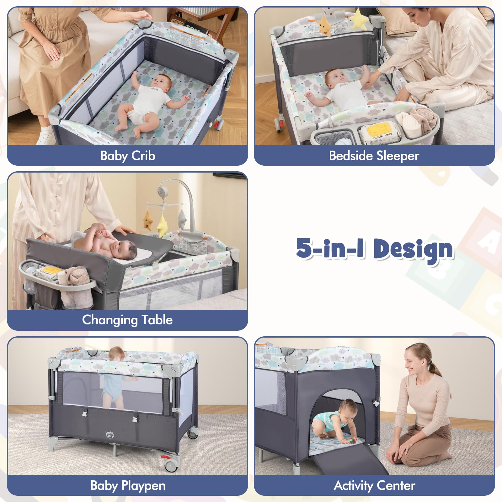 **HONEY JOY 5-in-1 Portable Baby Playard with Bassinet, Bedside Sleeper, Diaper Changing Table, Storage Bag & Toy Arch – Detachable Side Rail, Music Box & Carry Bag (Gray) – Perfect for Nursery, Travel & On-the-Go Parenting**