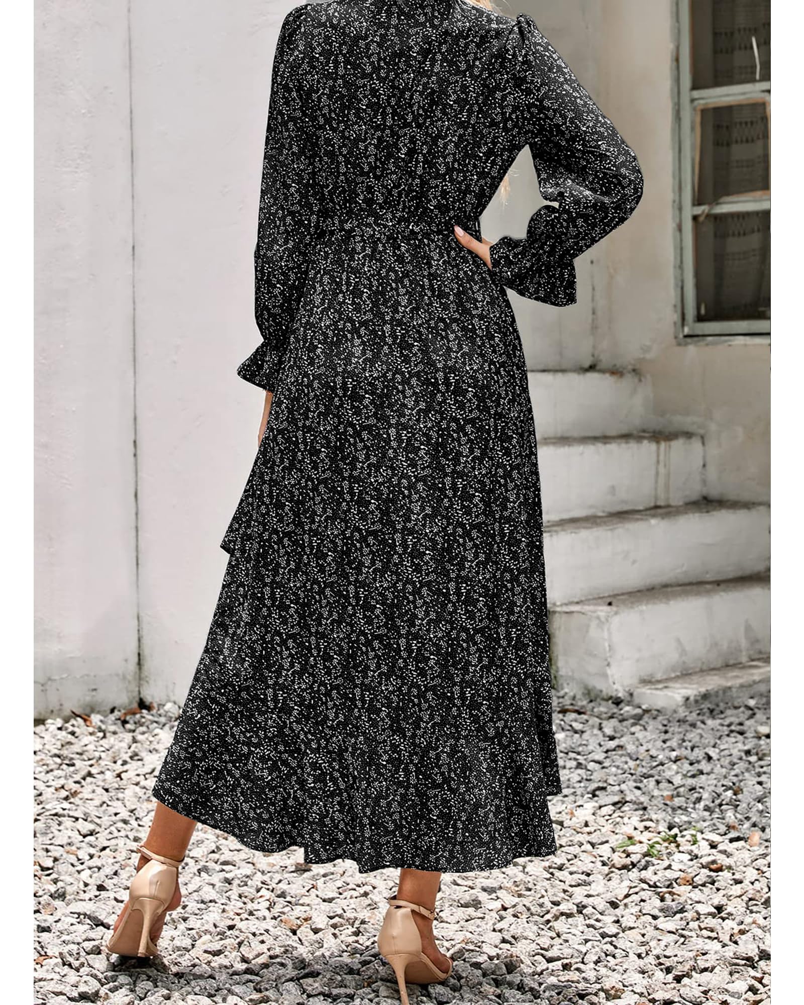 BTFBM Women's Floral V-Neck Long Sleeve Boho Dress - High Waist Ruffle Summer Wedding Guest Dress for Spring & Summer 2025 | Perfect for Garden Parties, Bridal Showers & Casual Events