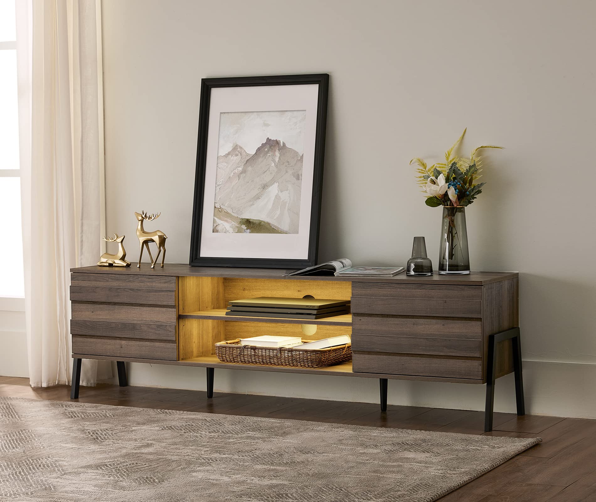 Mid-Century Modern LED TV Stand for 70-80 Inch Flat Screen TVs - Wood Media Console with Storage - Entertainment Center for Living Room & Bedroom - Perfect for Movie Nights & Home Theater Setup