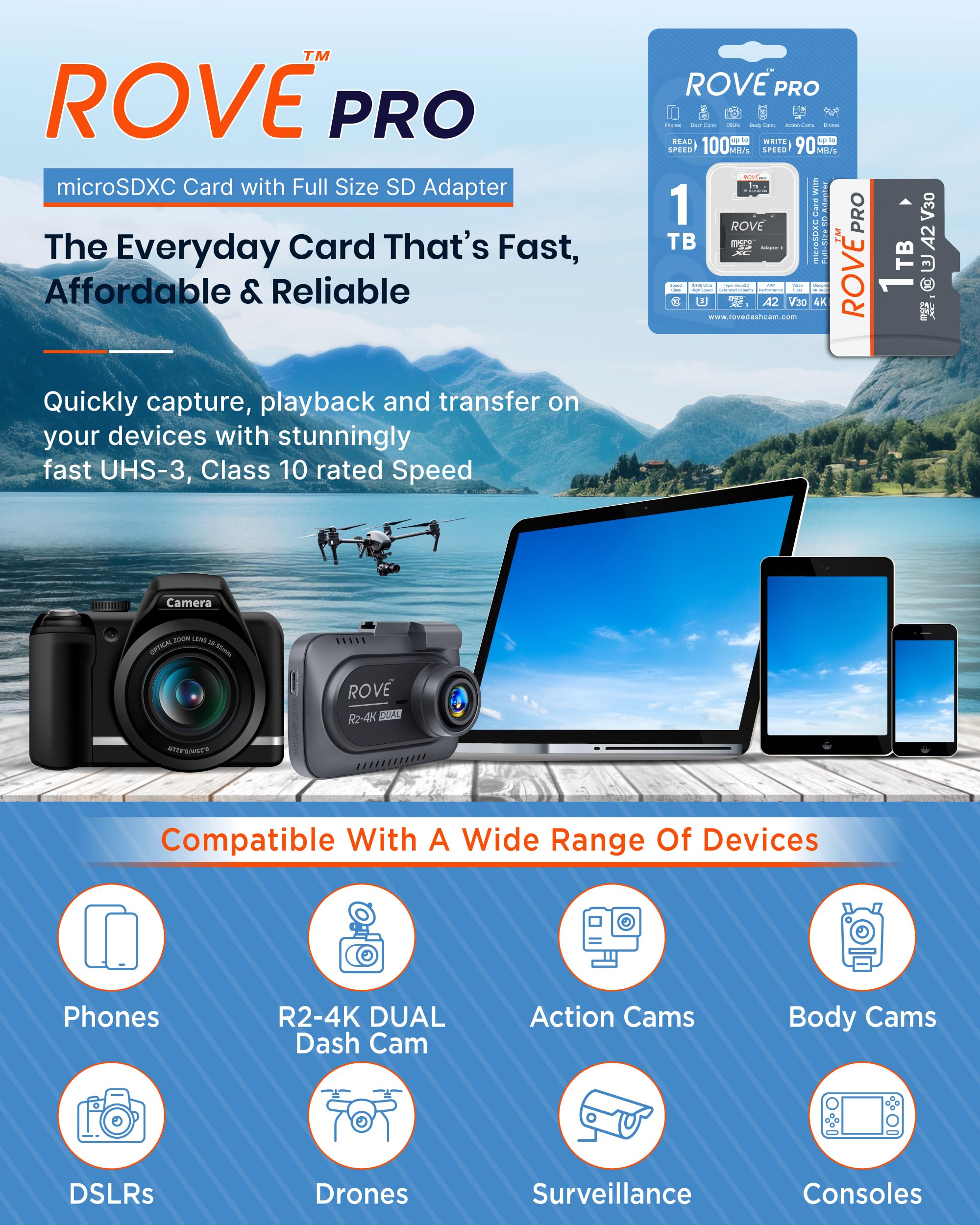 ROVE PRO 1TB Micro SD Card - High Speed microSDXC Memory Card with Full-Size SD Adapter - 100MB/s Read, C10, U3, V30, 4K UHD, A2 - Compatible with R2-4K Dual Dash Cam, Android Smartphones, Tablets, Nintendo Switch & Gaming Devices - Perfect for 4K Video Recording, Mobile Gaming & Data Storage