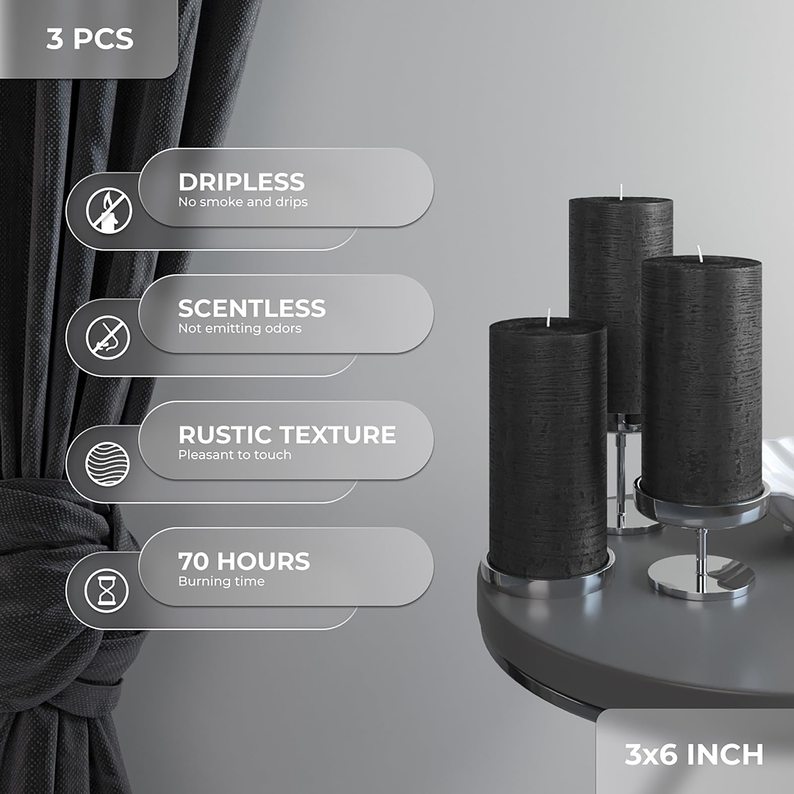 Large Pillar Candles 3x6 Inch - Set of 3 Unscented Black Candles for Halloween Decor & Home Styling