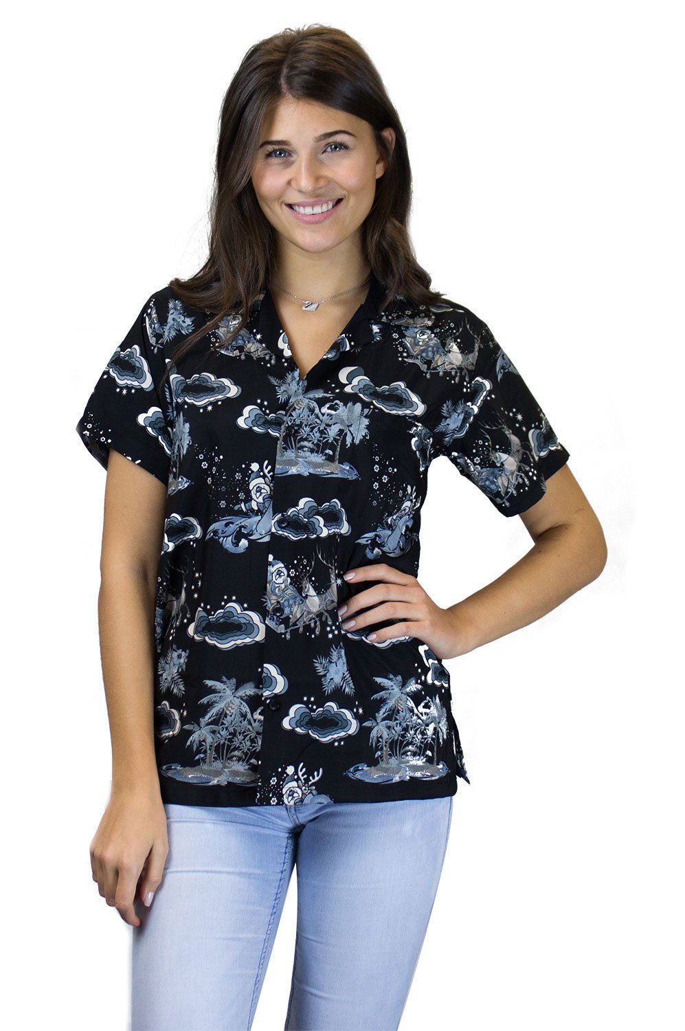 KING KAMEHA Hawaiian Shirt - Funky Tropical Print Aloha Shirt for Men & Women - Christmas Island Design in Monogrey - Size L - Perfect for Beach Parties, Luaus & Summer Vacations